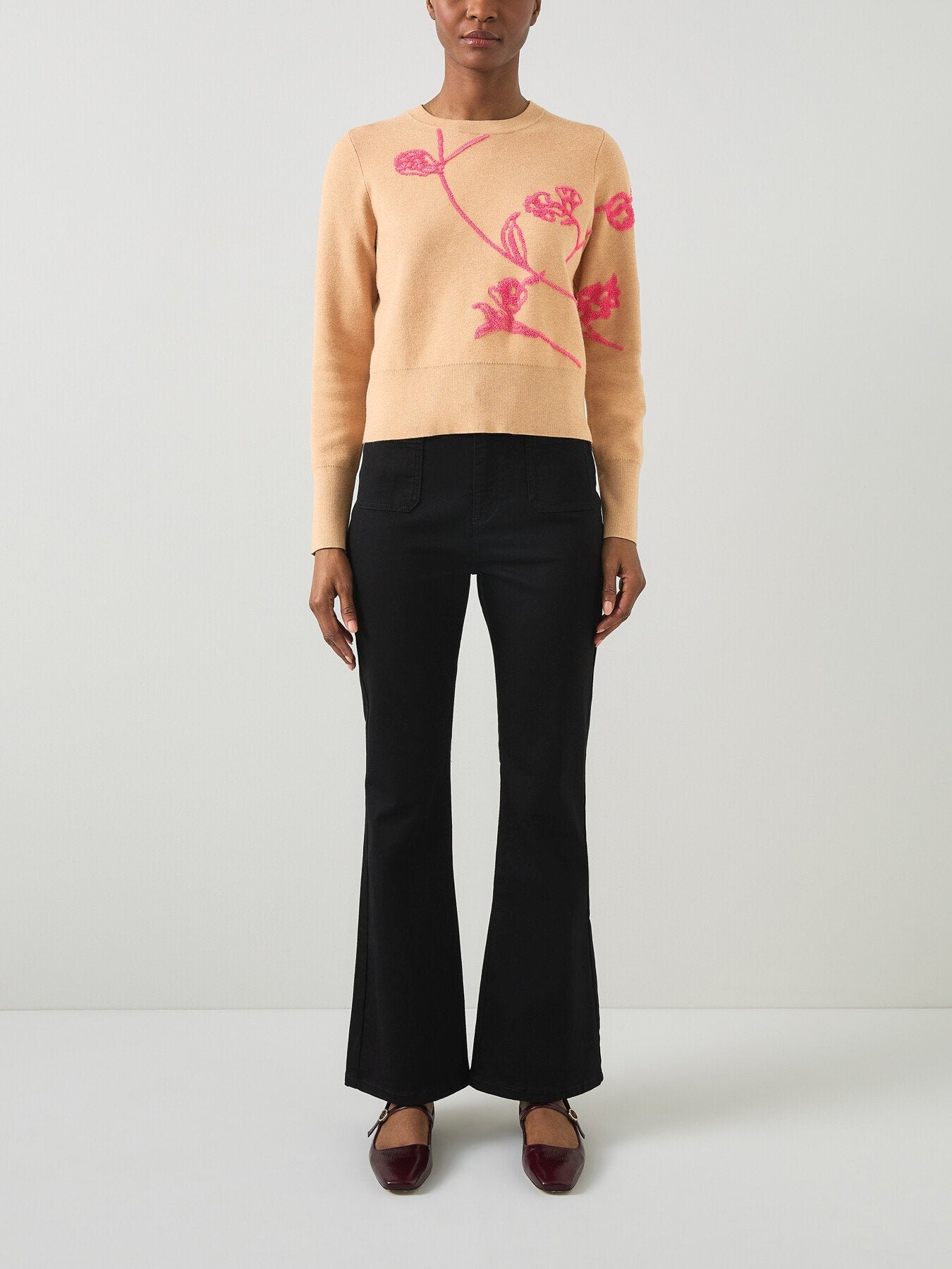 Henrietta Camel & Bright Pink Flower Detail Jumper
