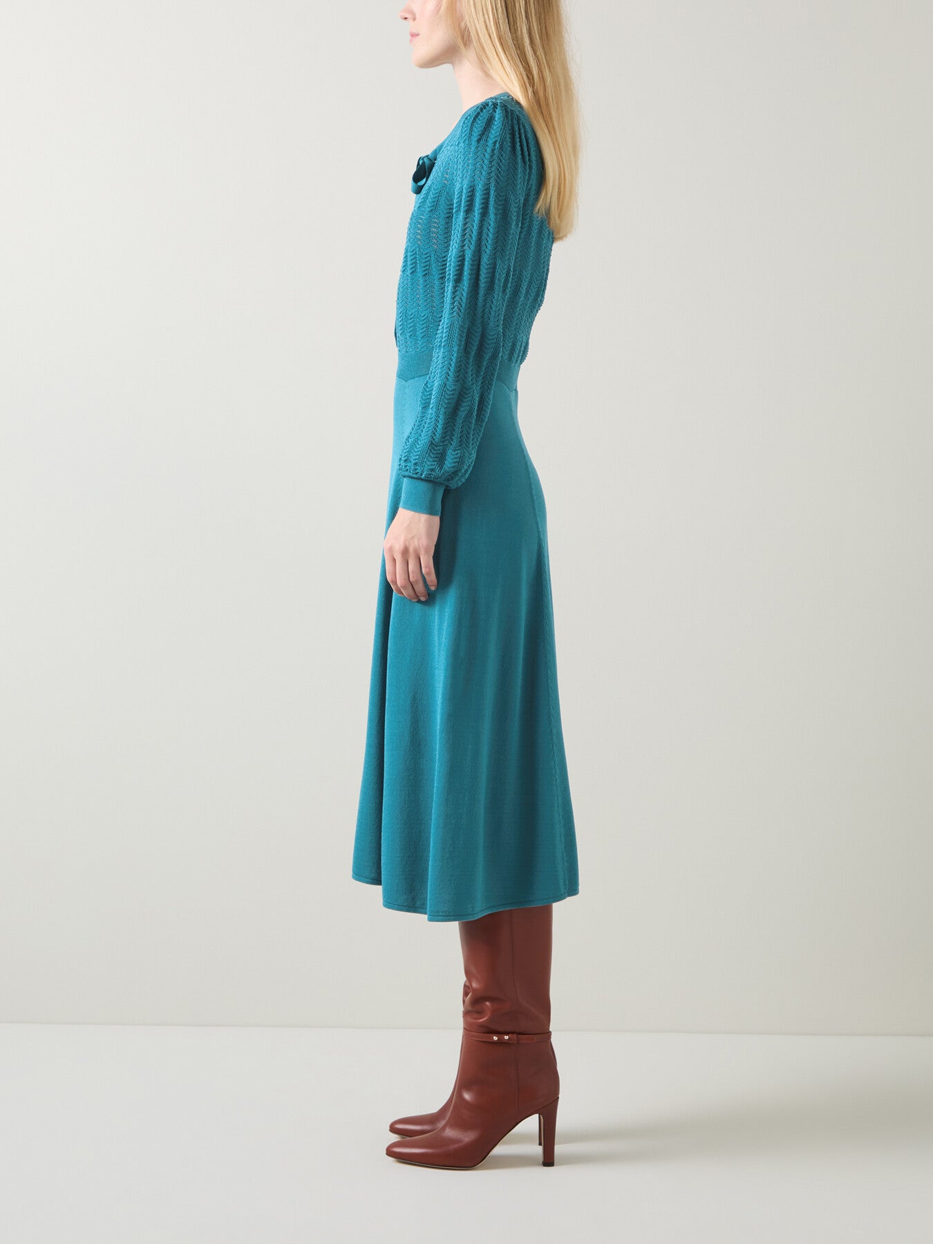 Susannah  Dark Teal Tie Neck Pointelle Fit And Flare D