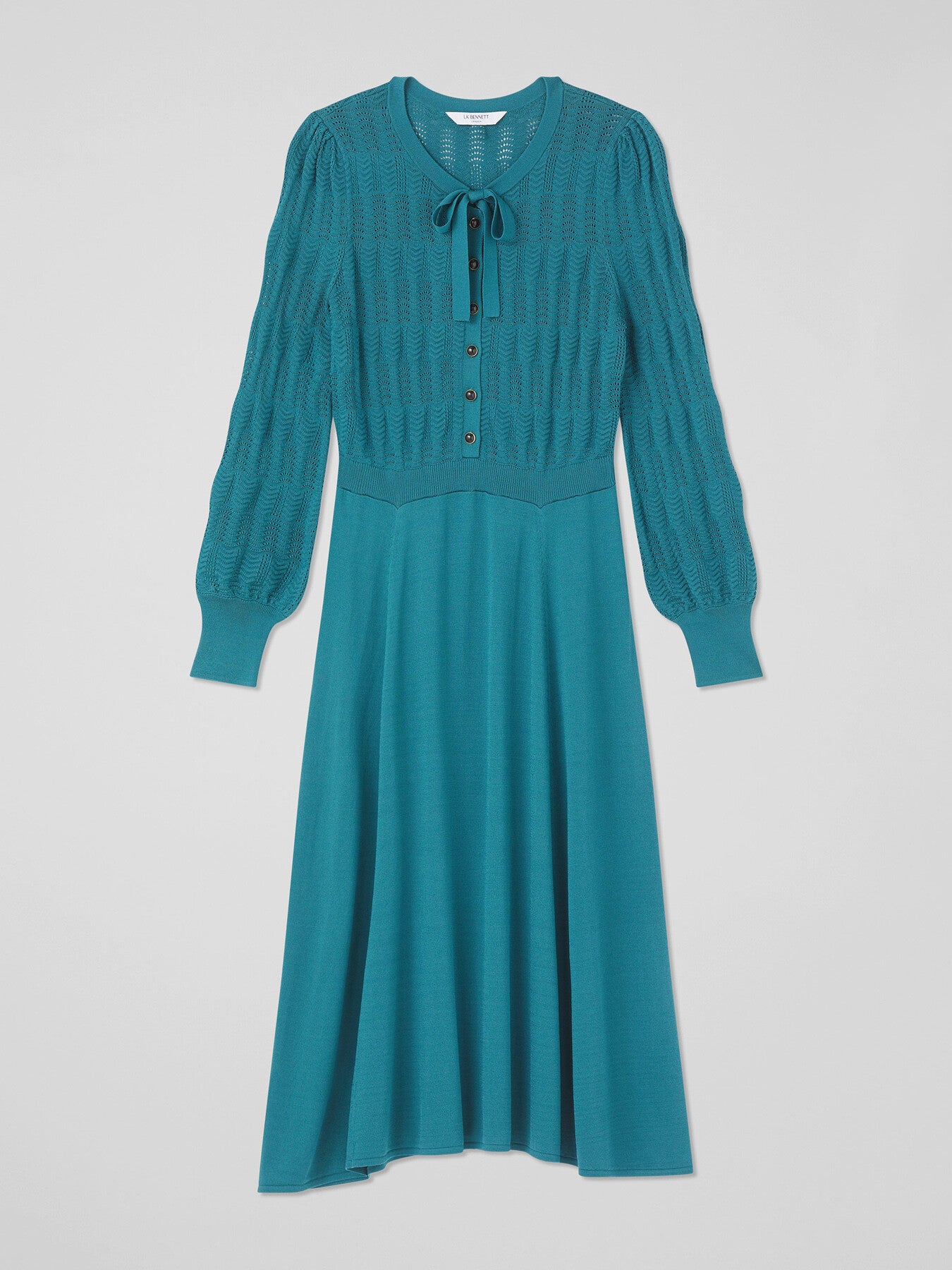 Susannah  Dark Teal Tie Neck Pointelle Fit And Flare D