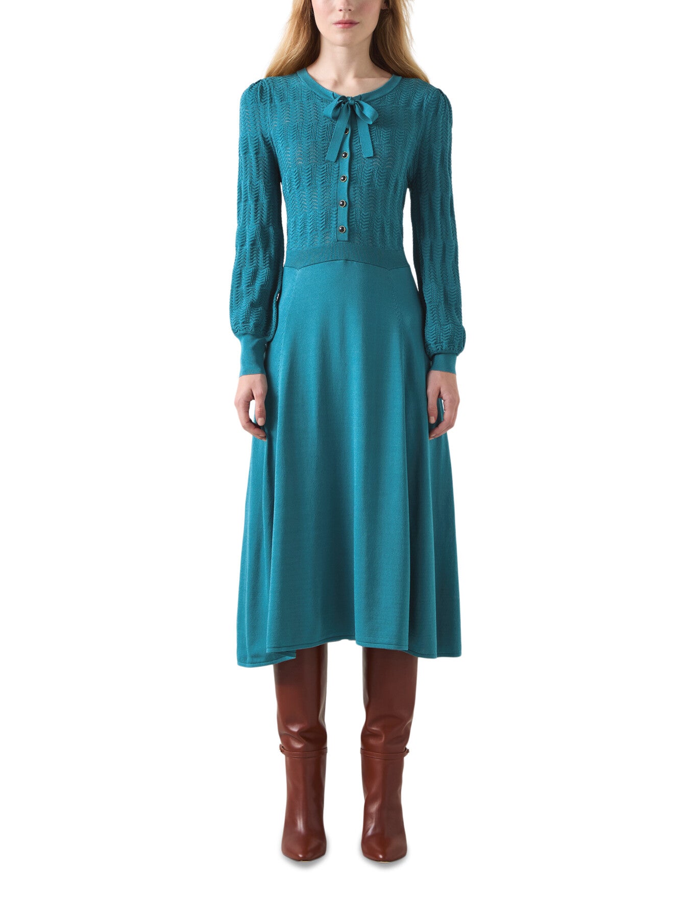 Susannah  Dark Teal Tie Neck Pointelle Fit And Flare D