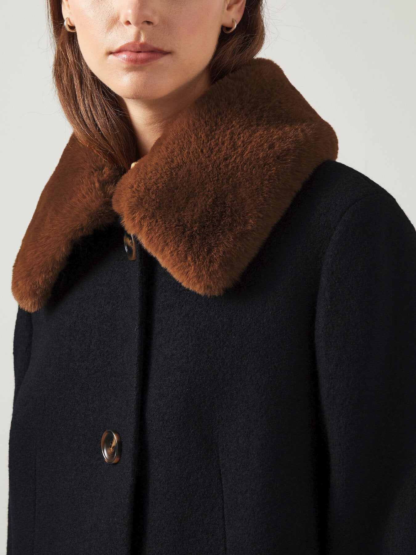 Aster Black & Cognac Boucle Coat With Faux Fur Collar