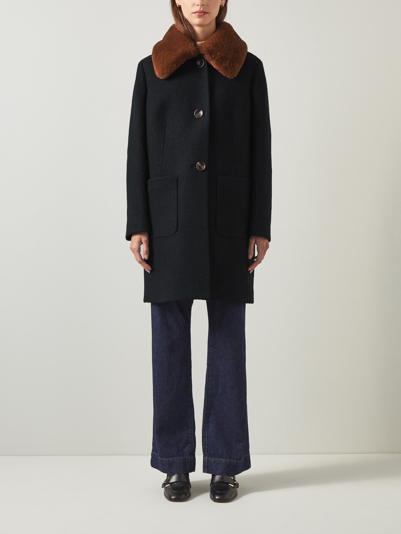 Aster Black & Cognac Boucle Coat With Faux Fur Collar