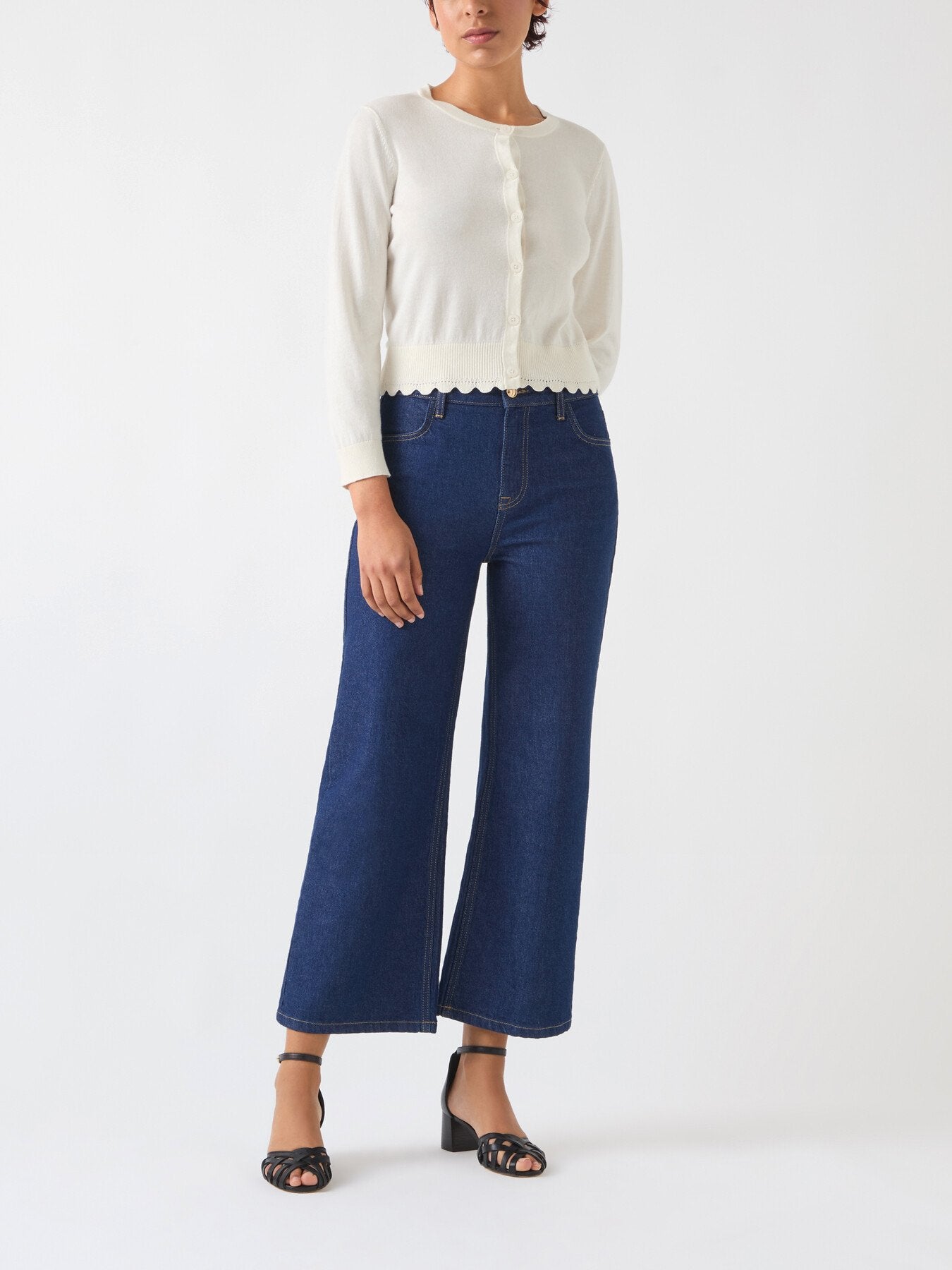 Vanessa Ivory Cotton Crew Neck Pointelle Detail Cardig