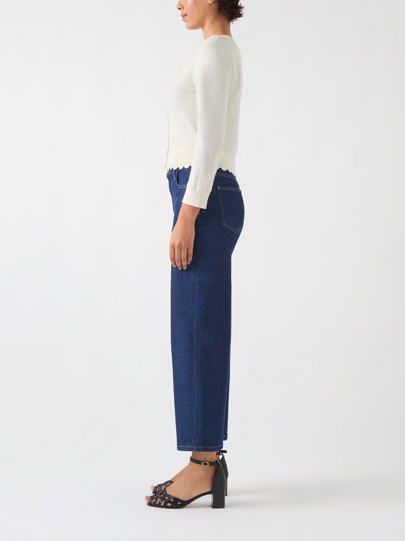 Vanessa Ivory Cotton Crew Neck Pointelle Detail Cardig