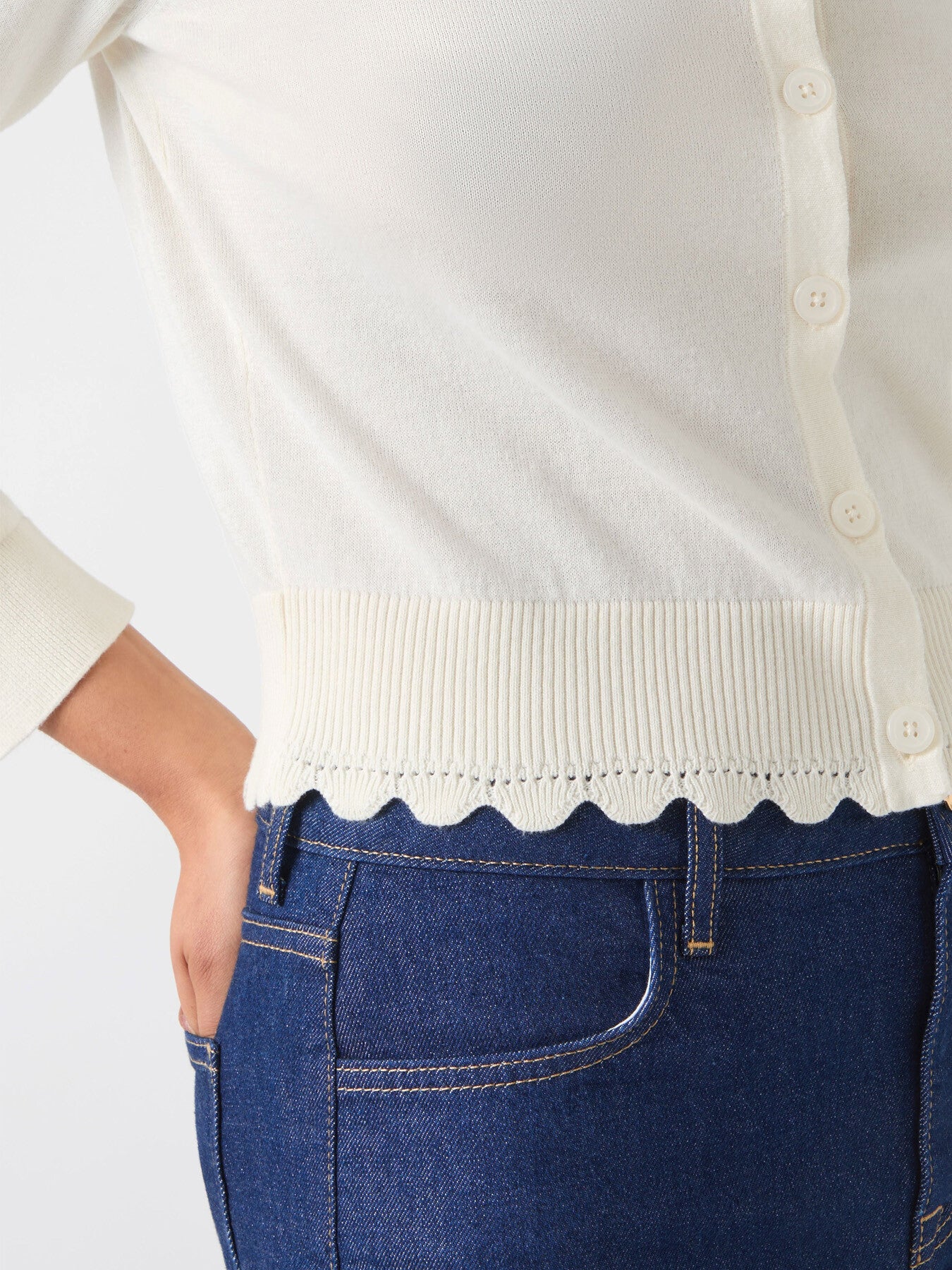 Vanessa Ivory Cotton Crew Neck Pointelle Detail Cardig