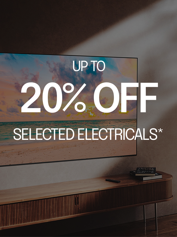 Television displaying a beach scene with promotional text for 20% off selected electricals.