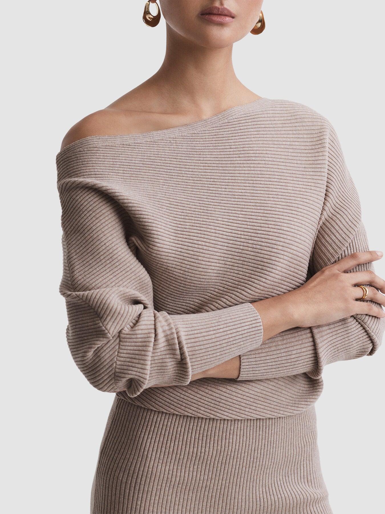 Lara Off-The-Shoulder Ribbed Midi Dress