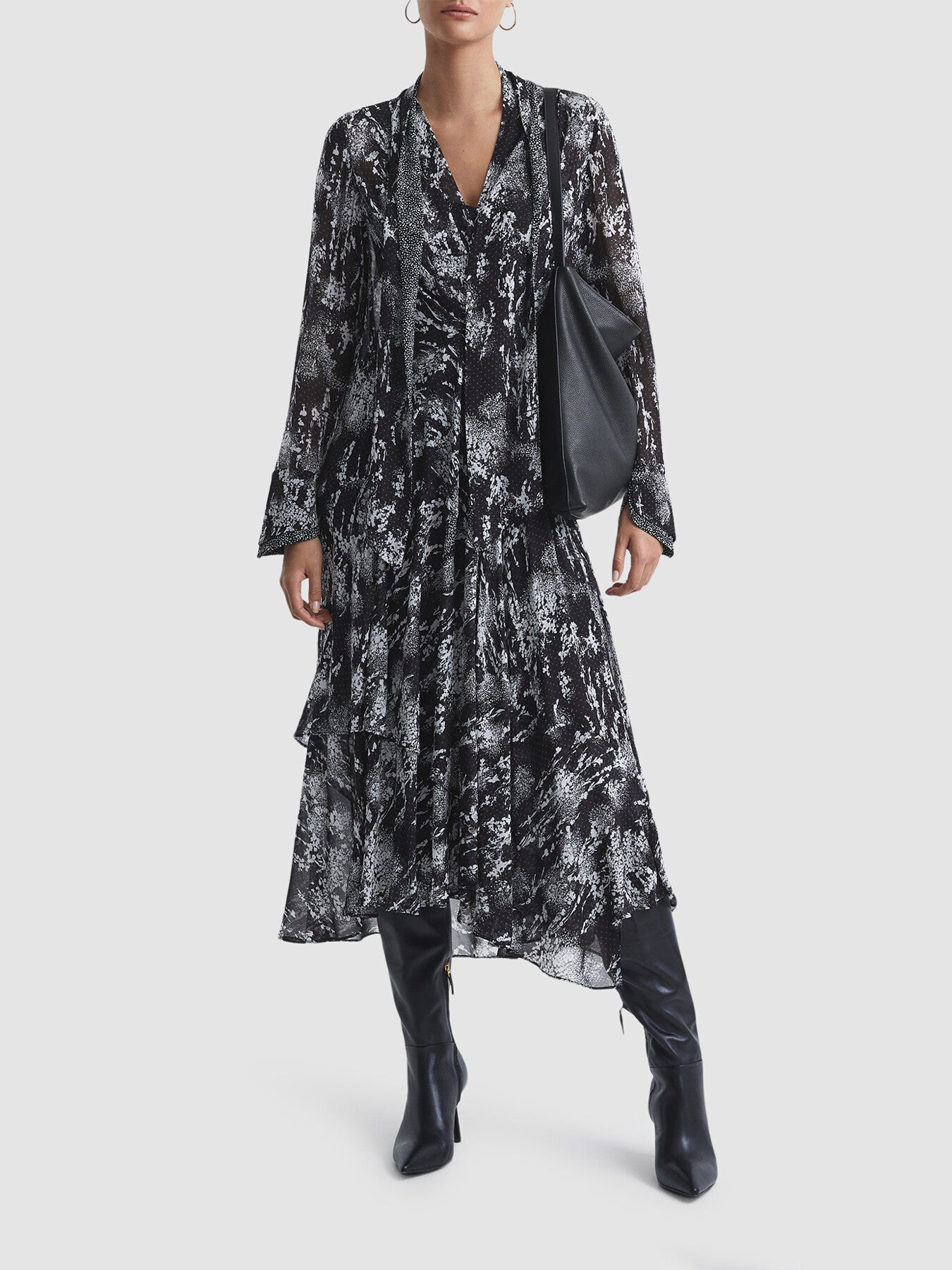 Callie Belted Ruffle Printed Midi Dress