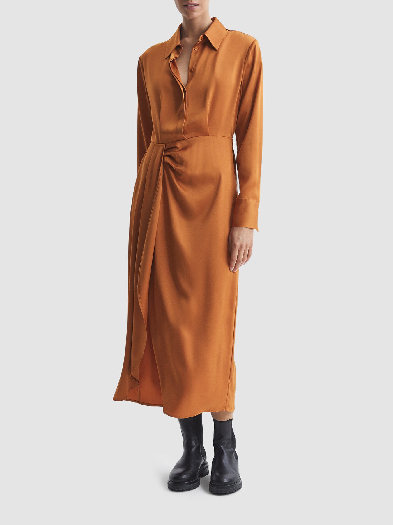 Arabella Satin Shirt-Style Midi Dress