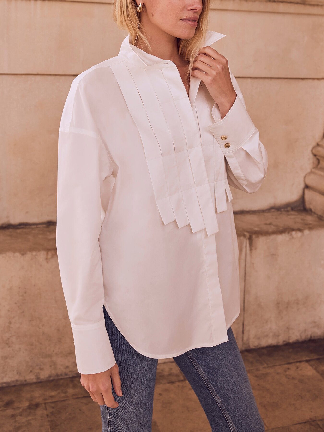 White Bib Detail Cotton Shirt