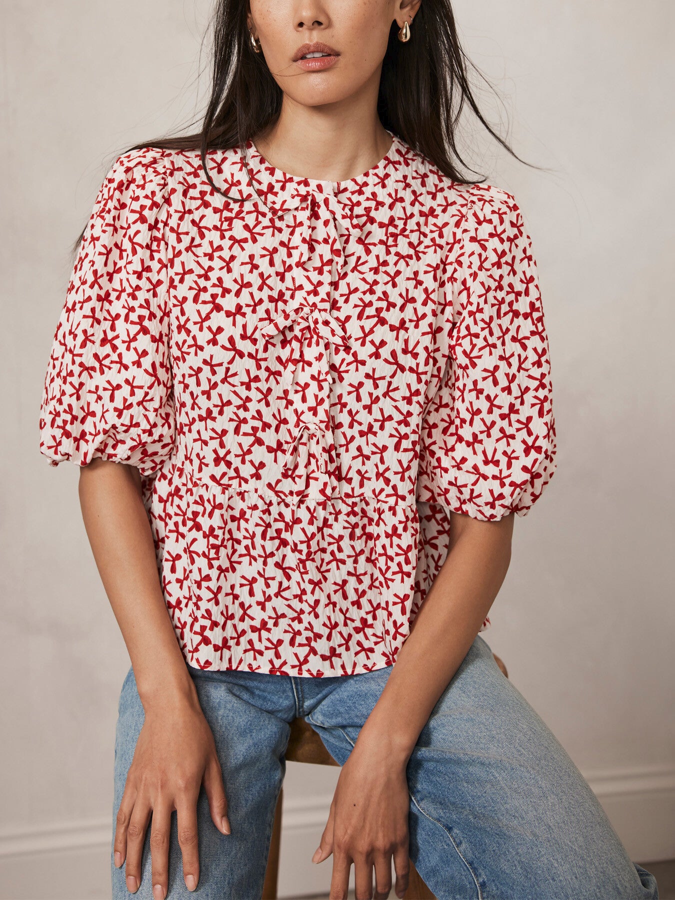 White Bow Print Puff Sleeve Top