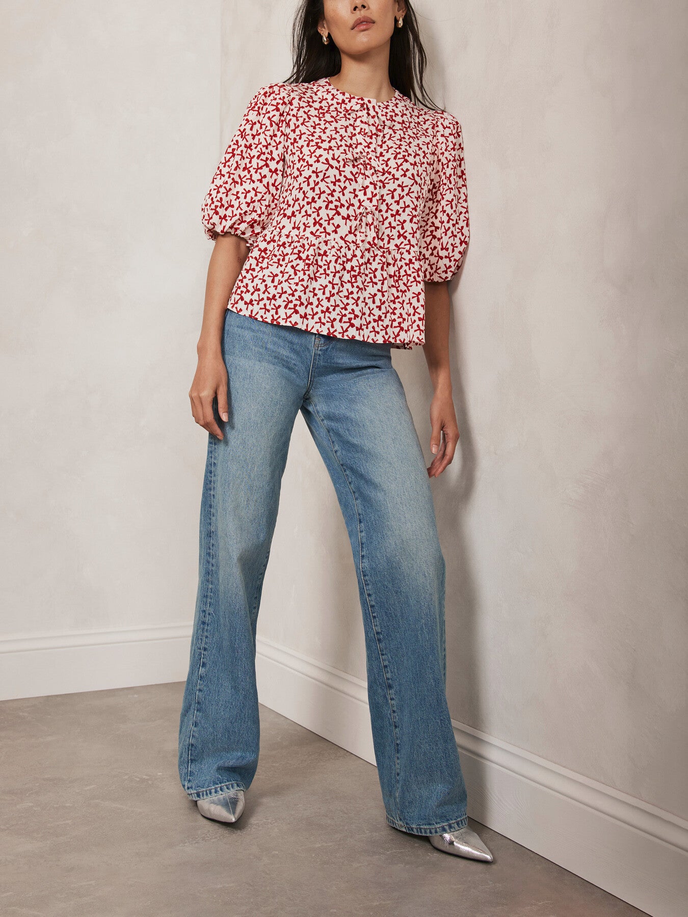 White Bow Print Puff Sleeve Top