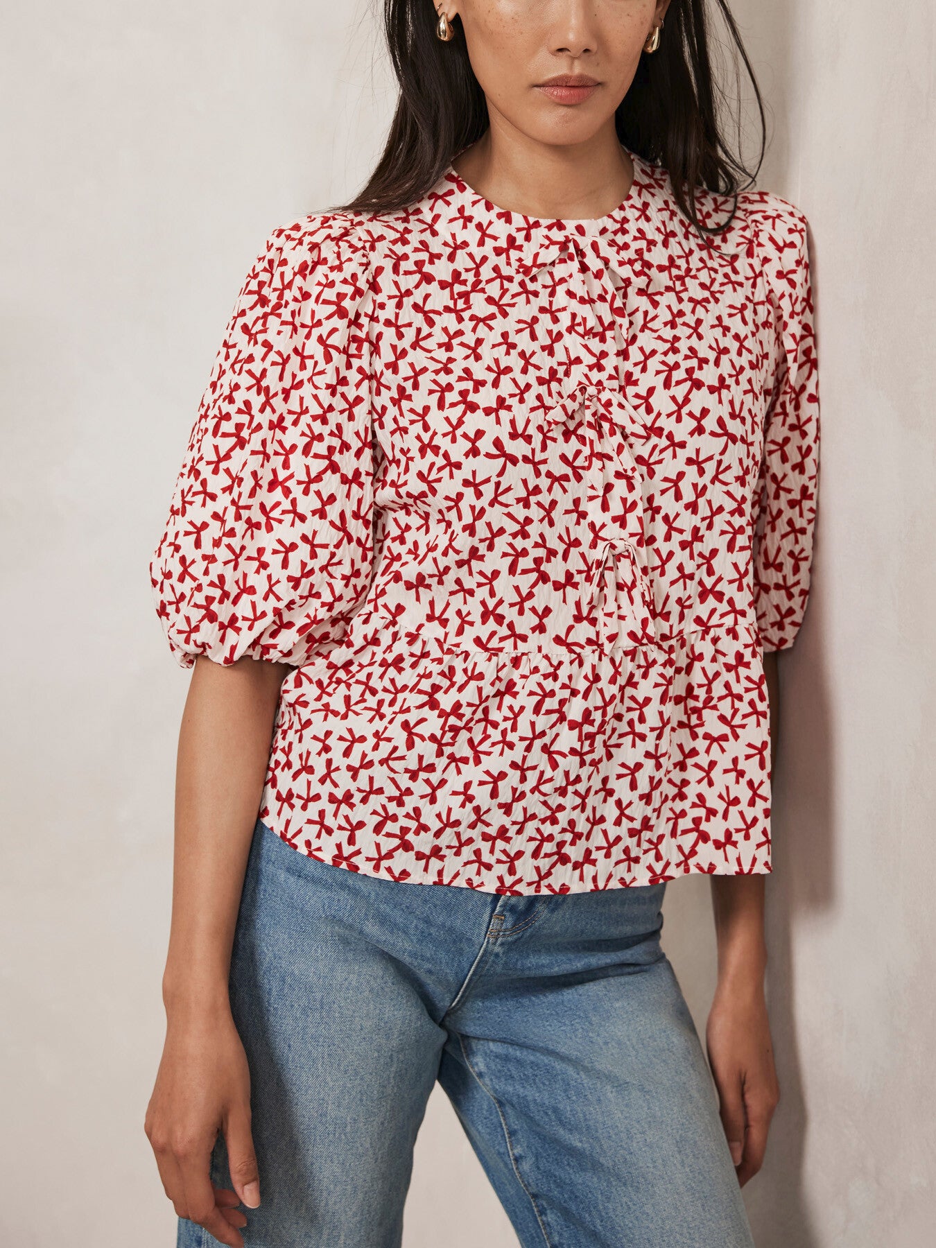White Bow Print Puff Sleeve Top