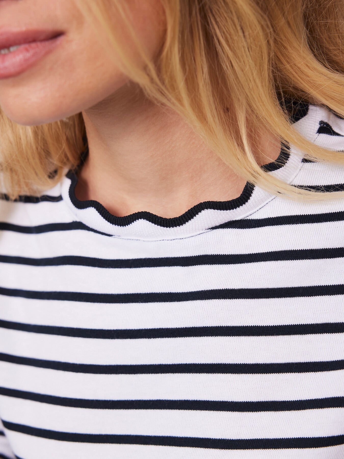 Cream Striped Scallop Trim T-Shirt