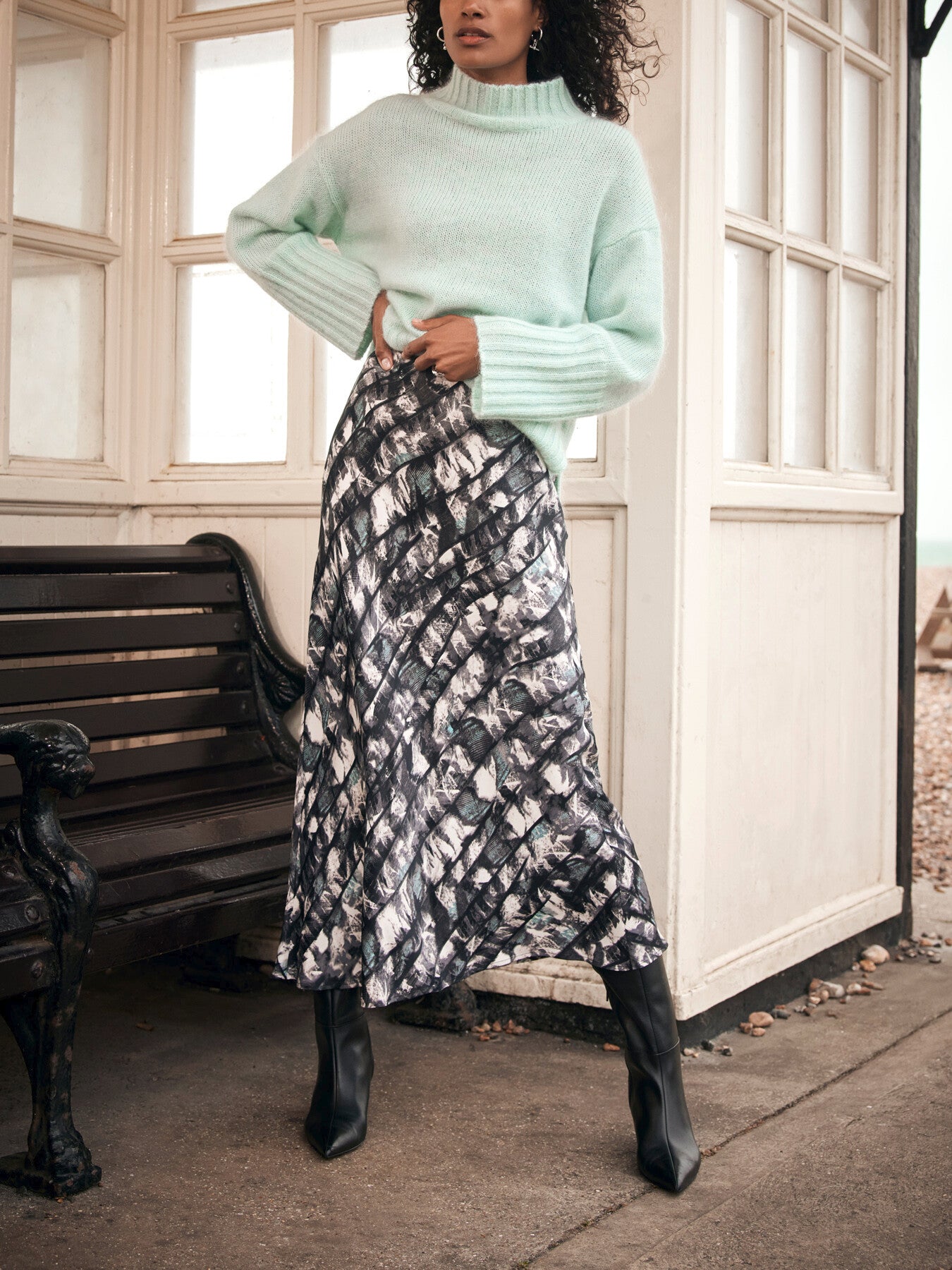 Grey Abstract Print Midi Slip Skirt