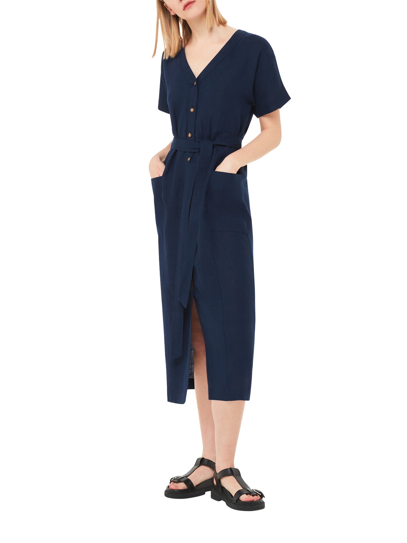 Linen Belted Midi Dress