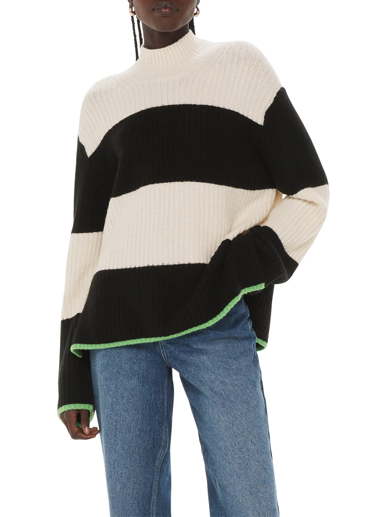 Block Stripe Rib Funnel Neck