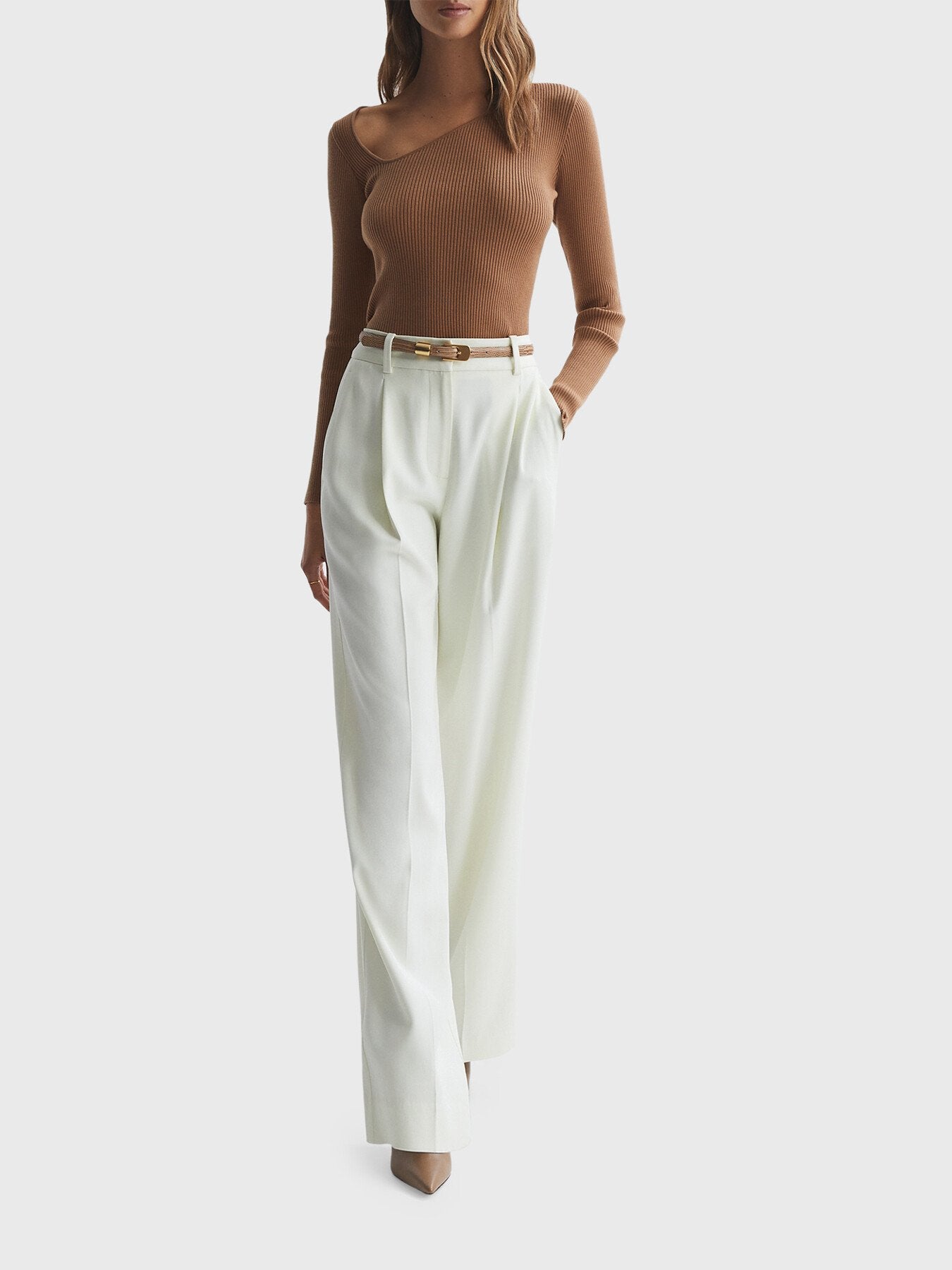 Sasha Fitted Ribbed Asymmetric Neck T-Shirt