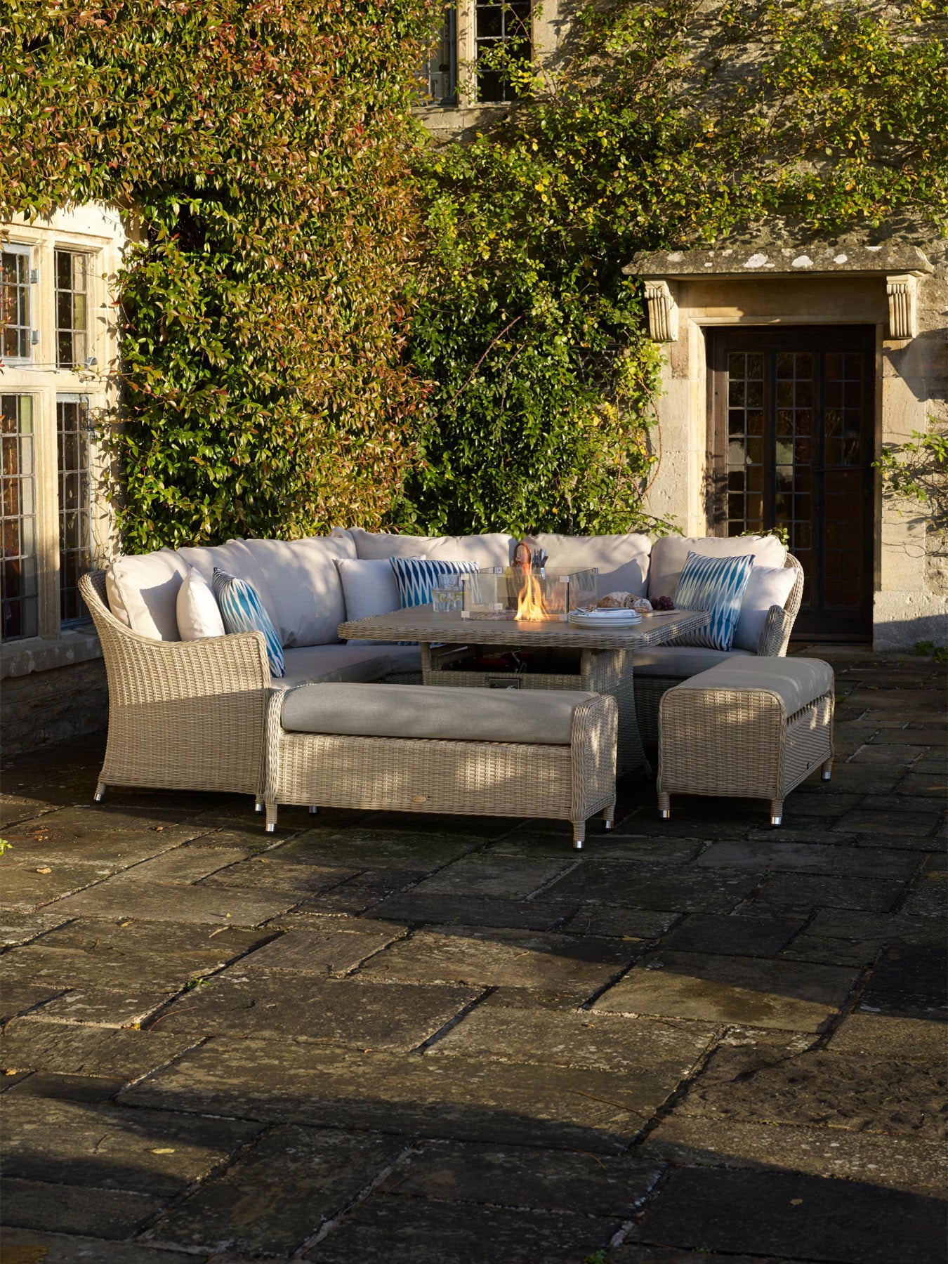 Monterey Square Sofa with Ceramic Firepit Table & Two Benches