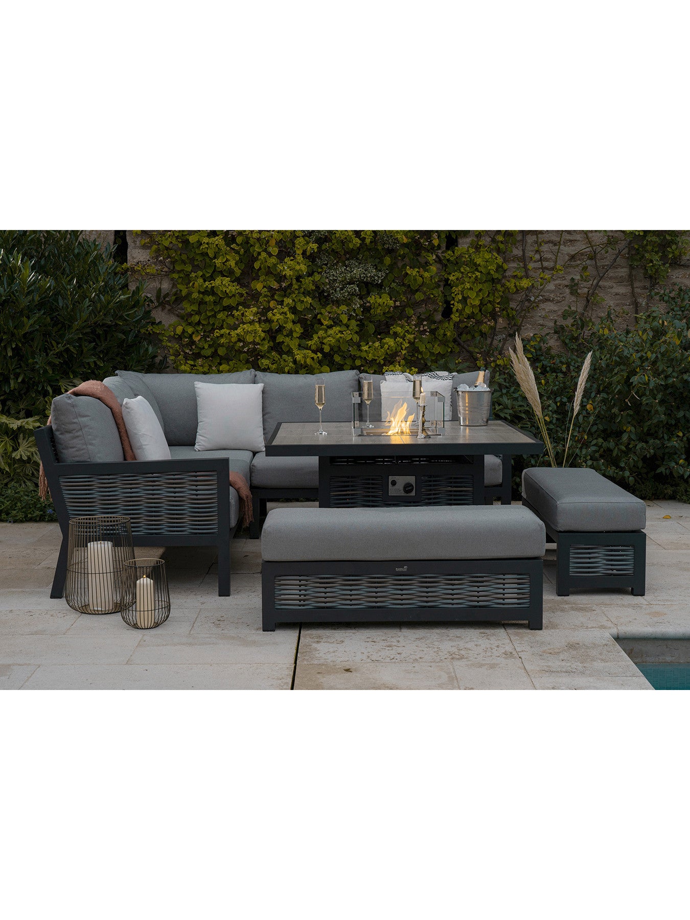 Portofino Wicker Square Modular Dining Set with Firepit