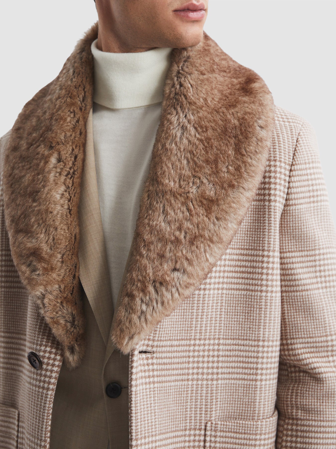 NaturalJackie Wool Check Faux Fur Lapel Coat