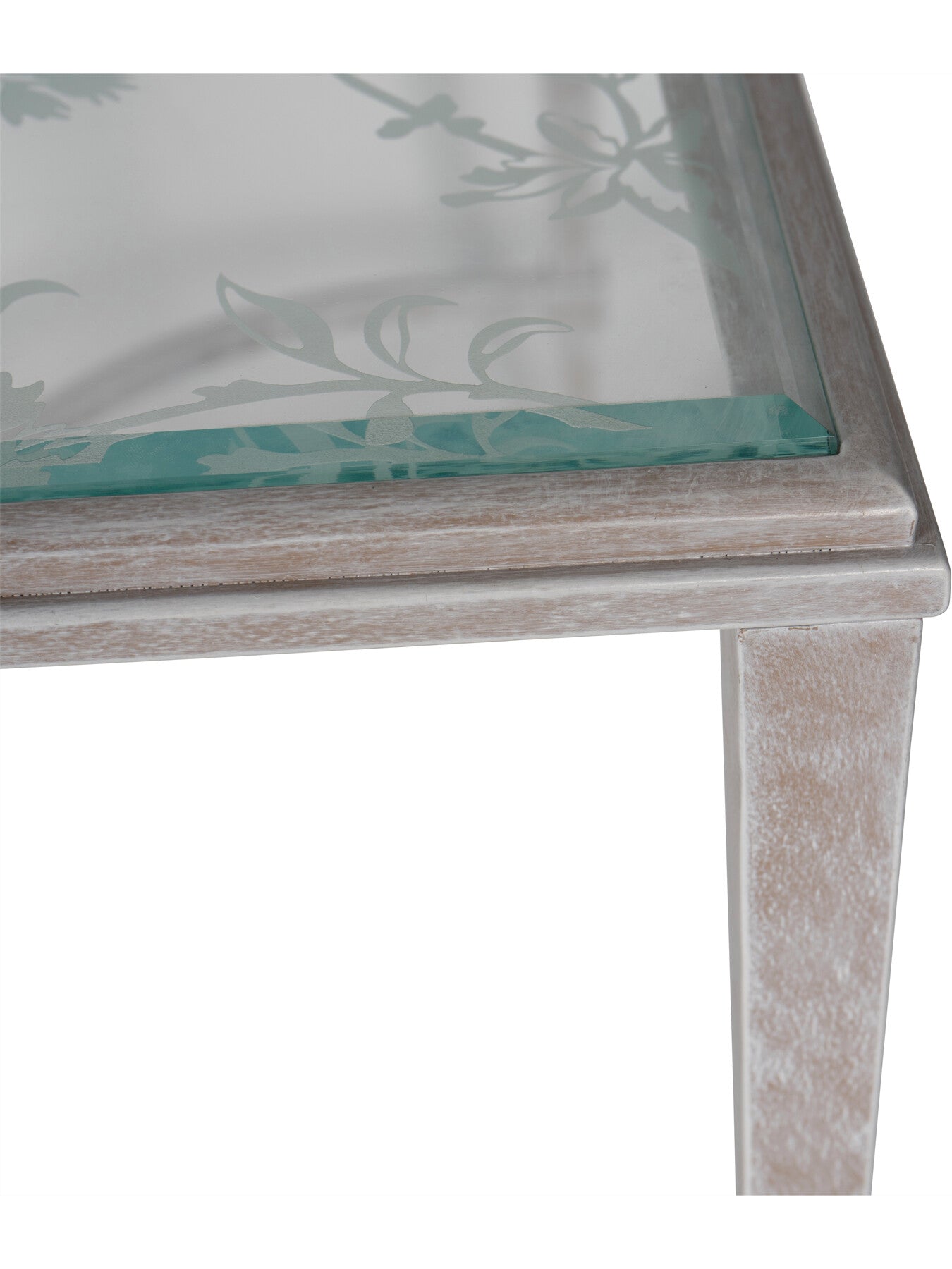 Aria Etched Glass Distressed White Iron Coffee Table