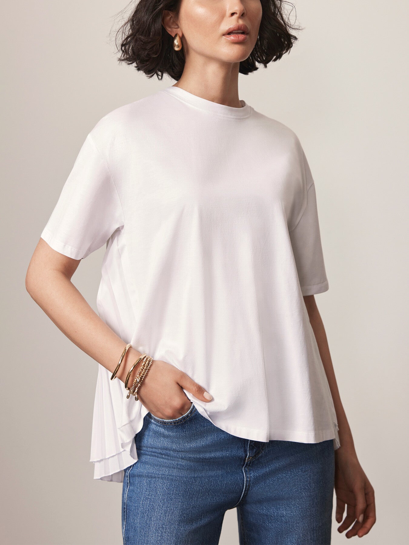 White Cotton Blend Pleated T-Shirt