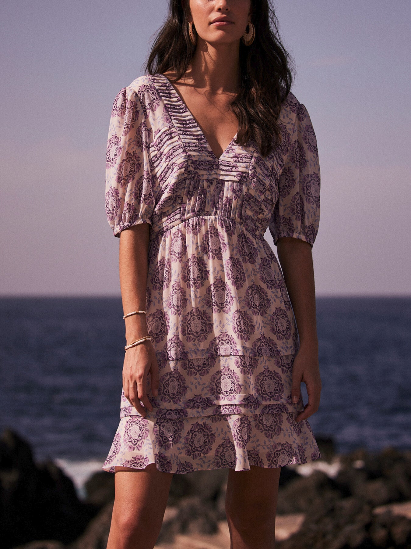Lilac Floral Pleat Mini Dress