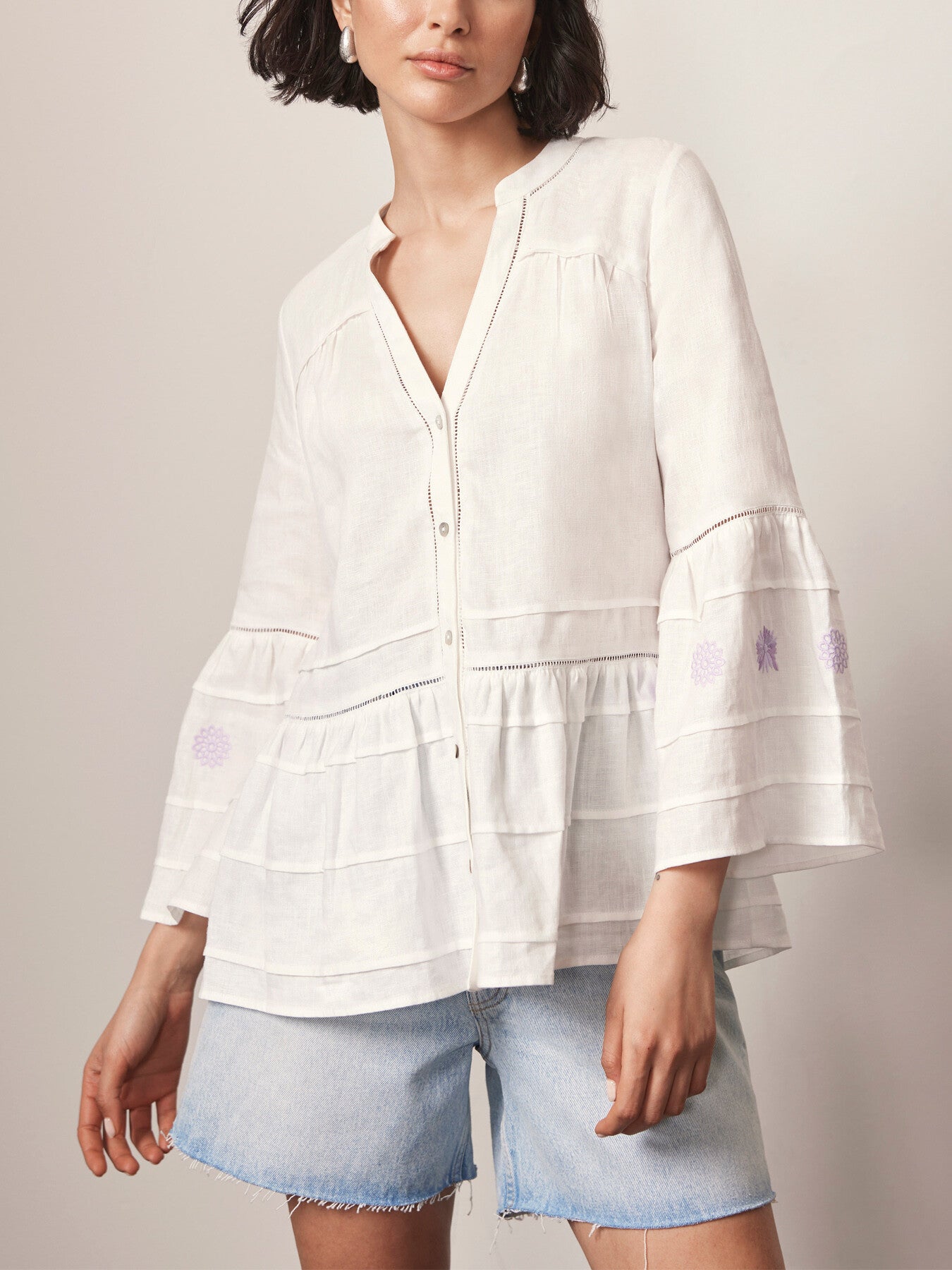 White Embroidered Linen Blouse