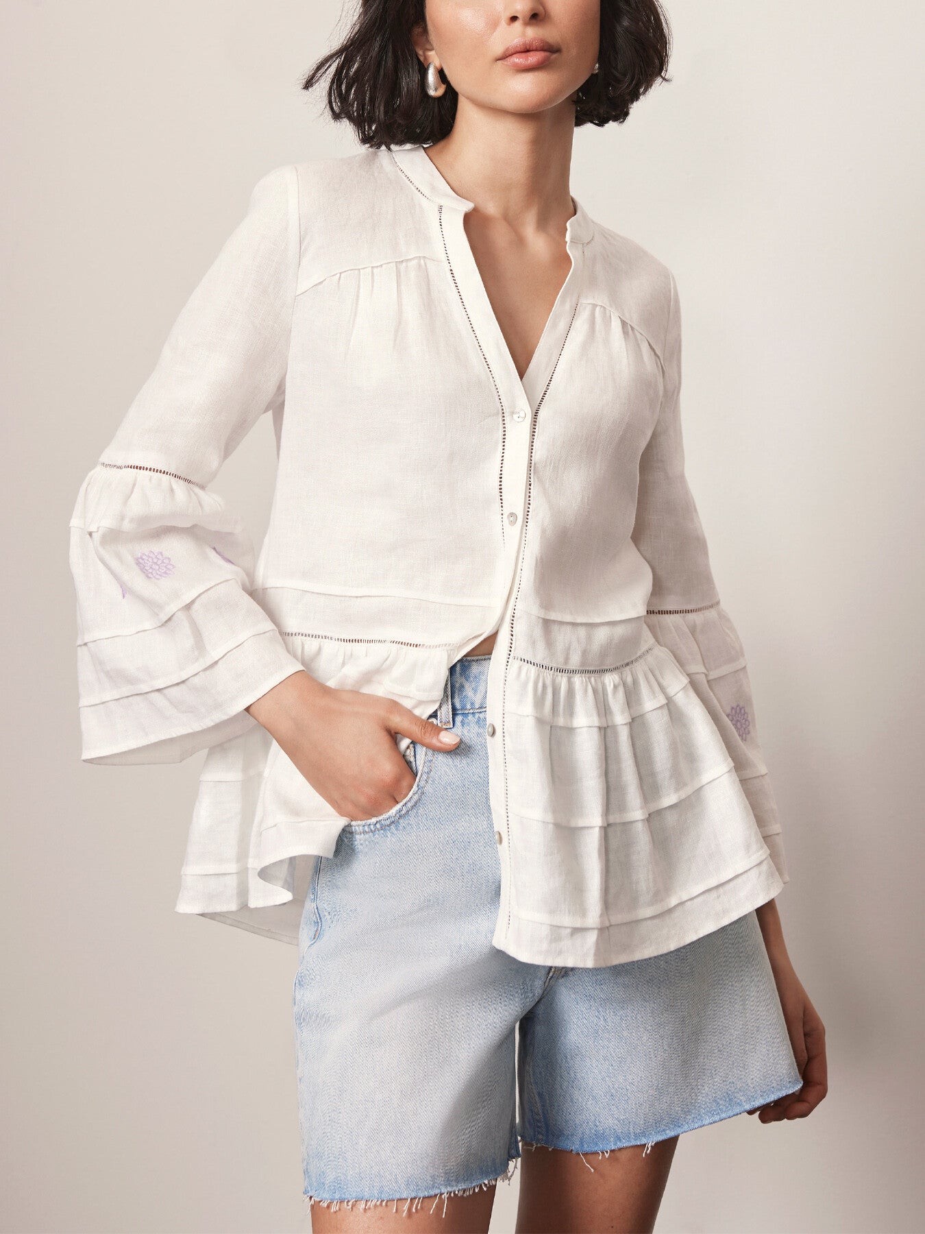White Embroidered Linen Blouse