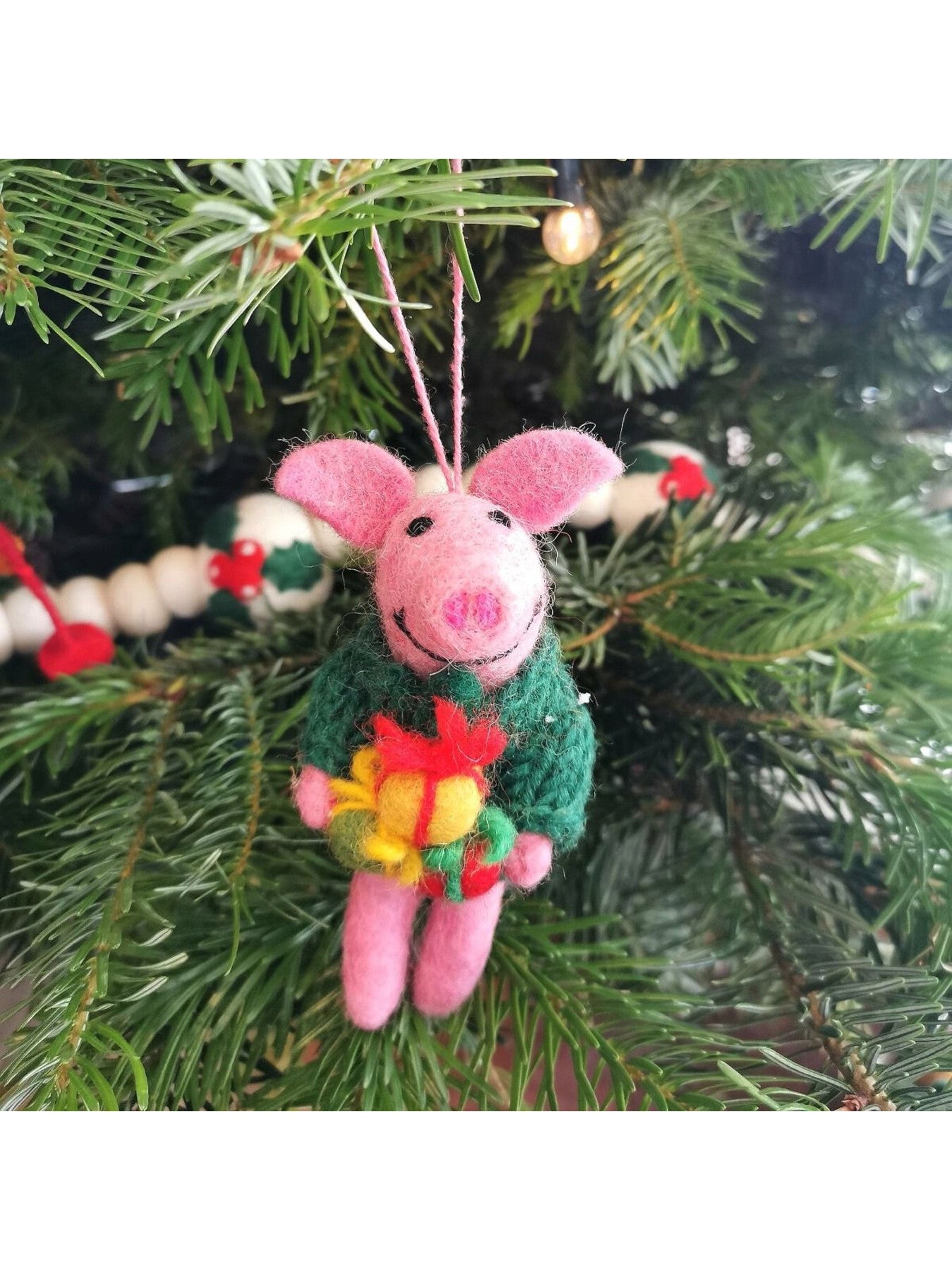 Handmade Felt Poppy the Pig Hanging Christmas Decoration