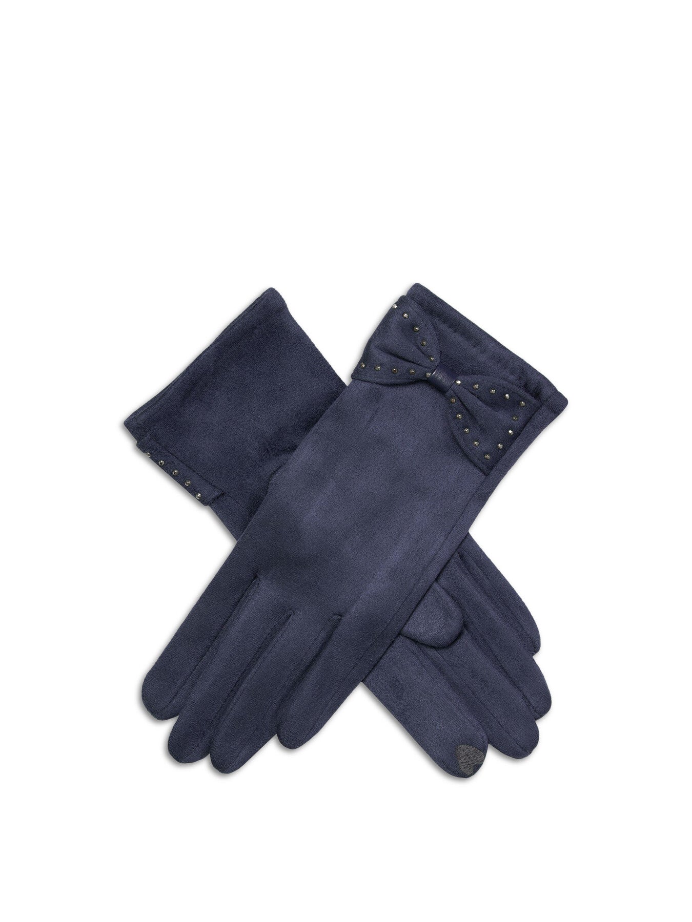 Touchscreen Velour-Lined Faux Suede Gloves with Studded Bow