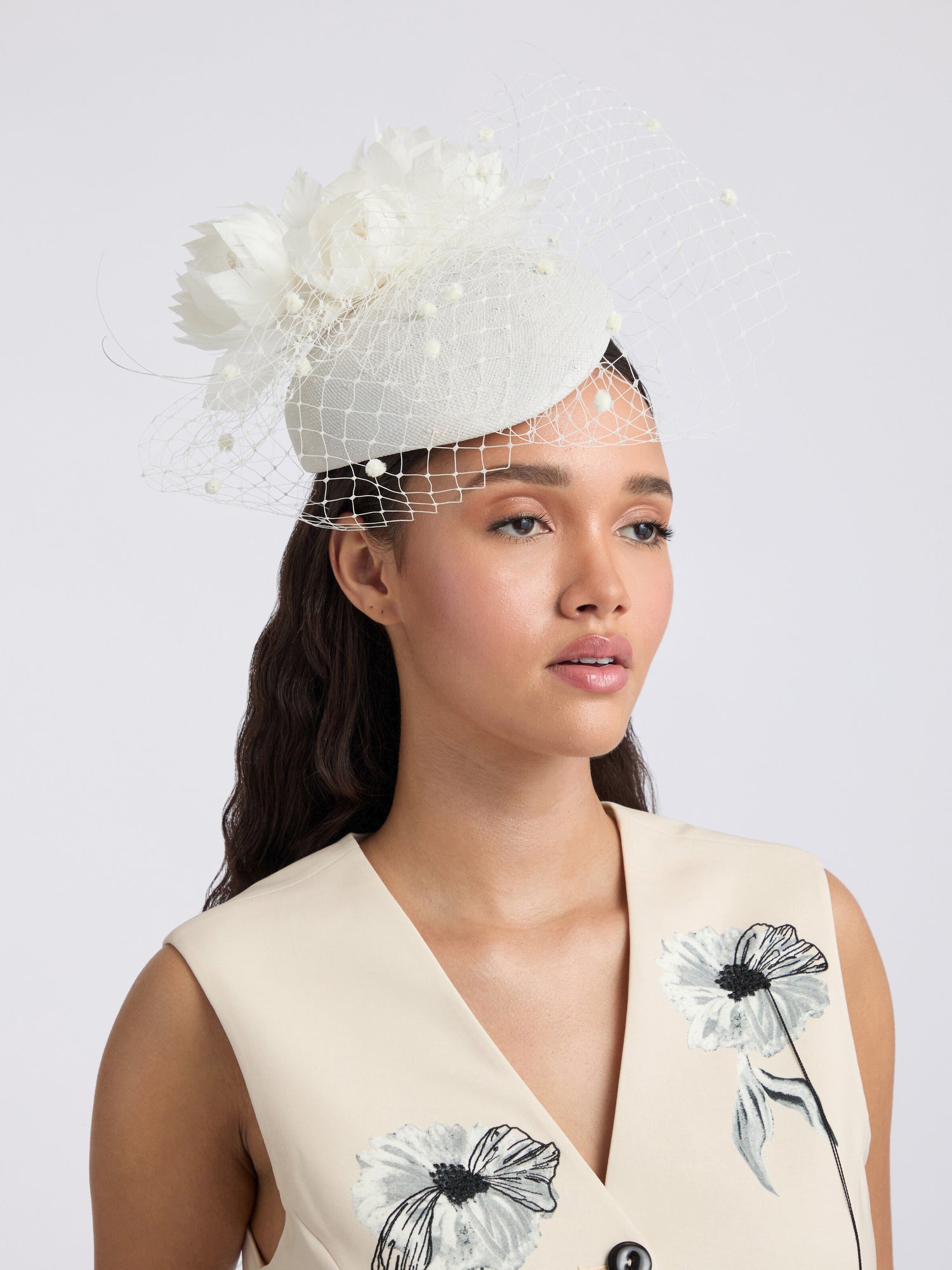 Feather Flower Chenille Veiling Pillbox Fascinator