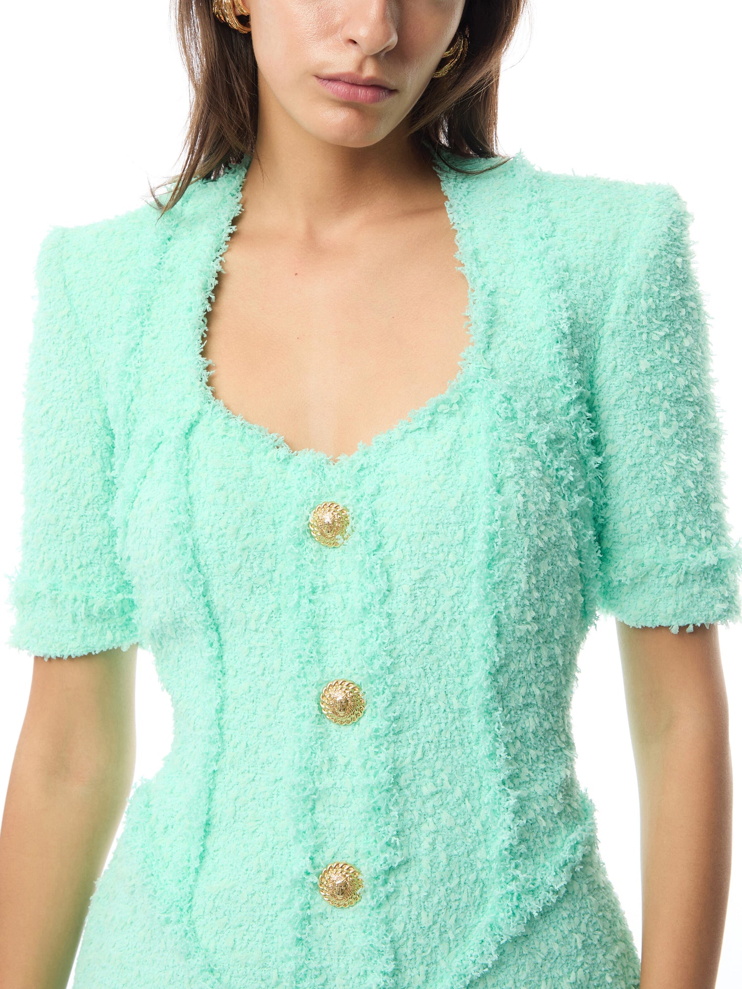 Short Sleeve Buttoned Tweed Mini Dress