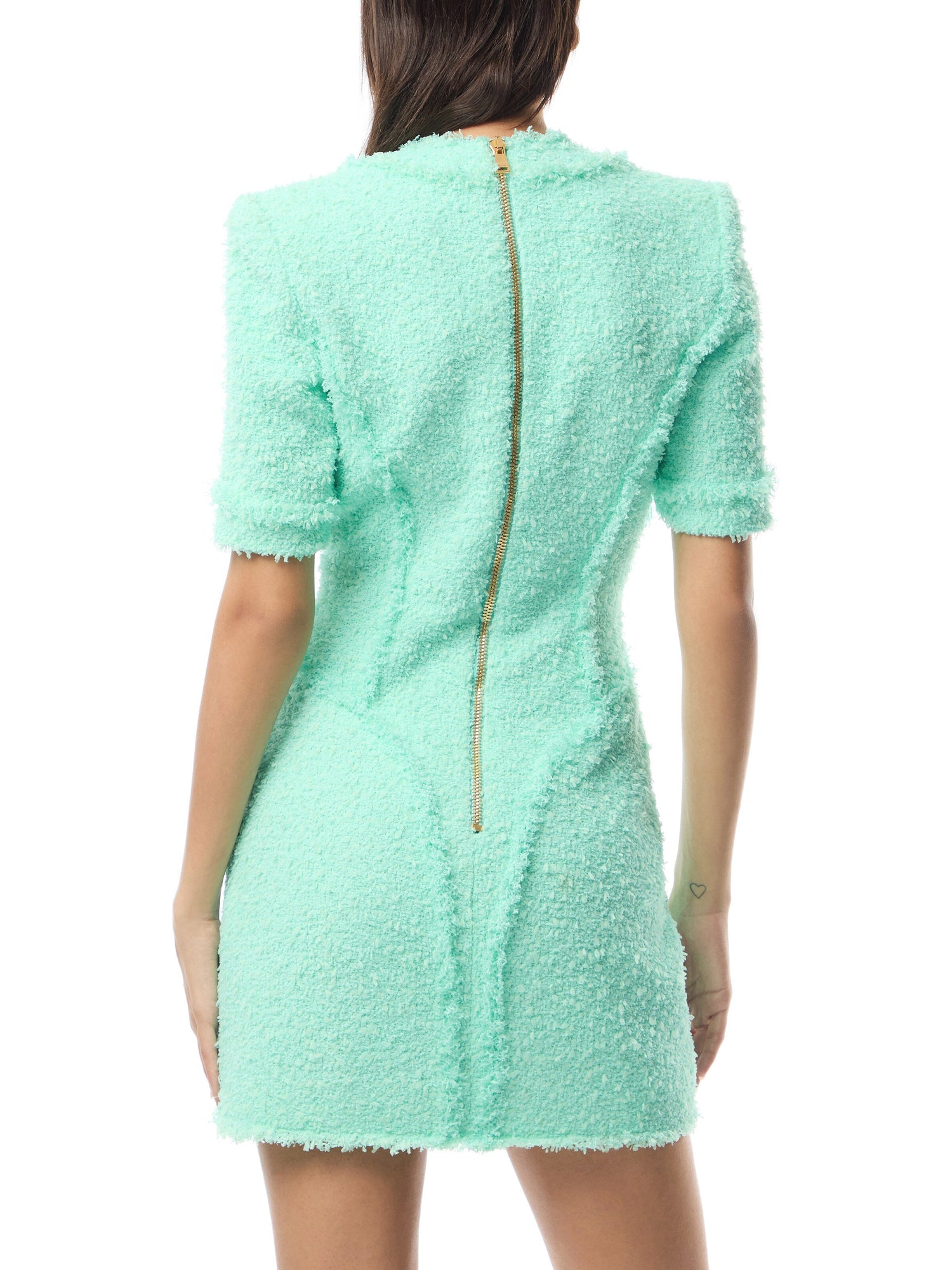 Short Sleeve Buttoned Tweed Mini Dress