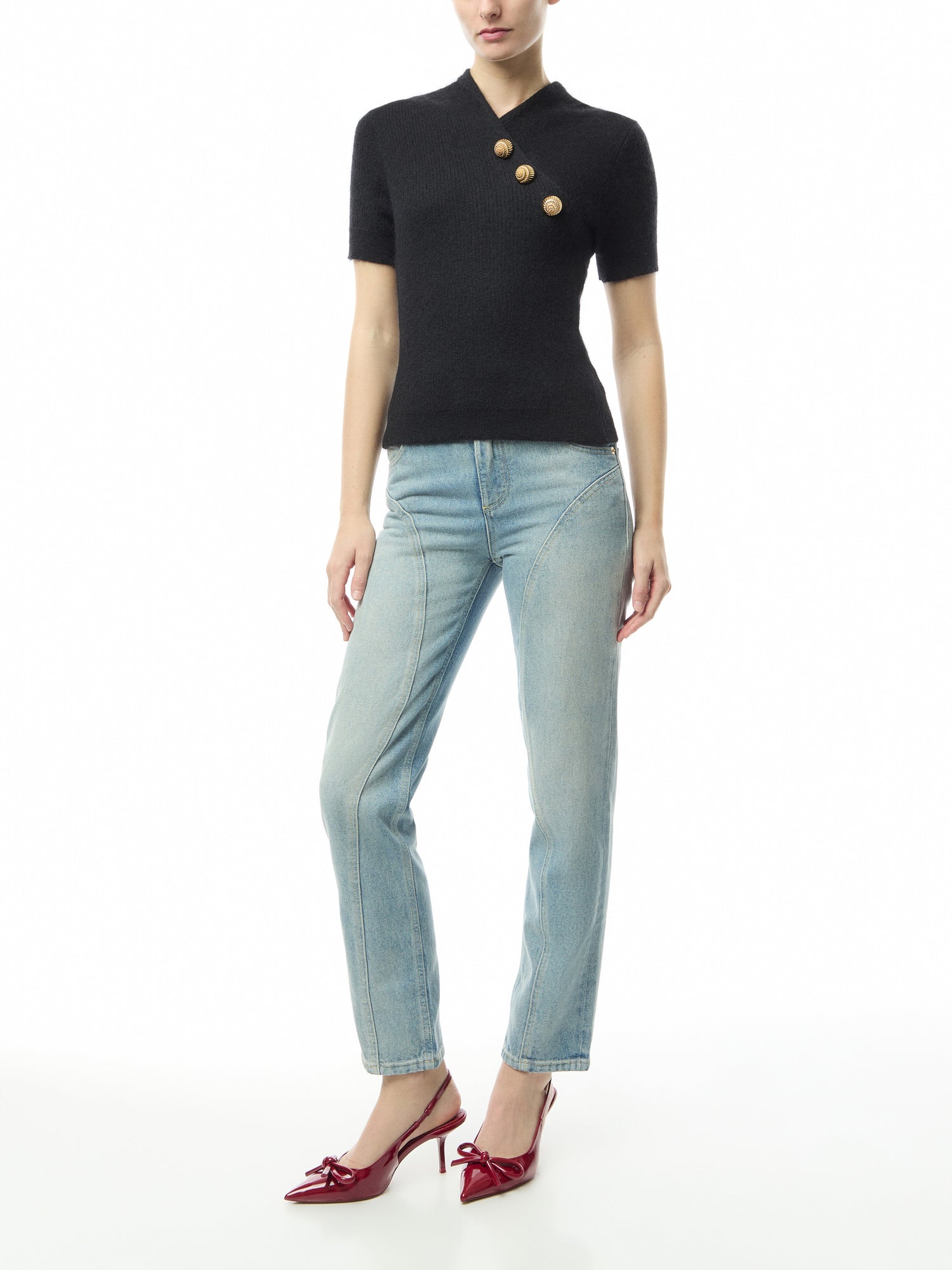 Short Sleeve Buttoned Cross Collar Top