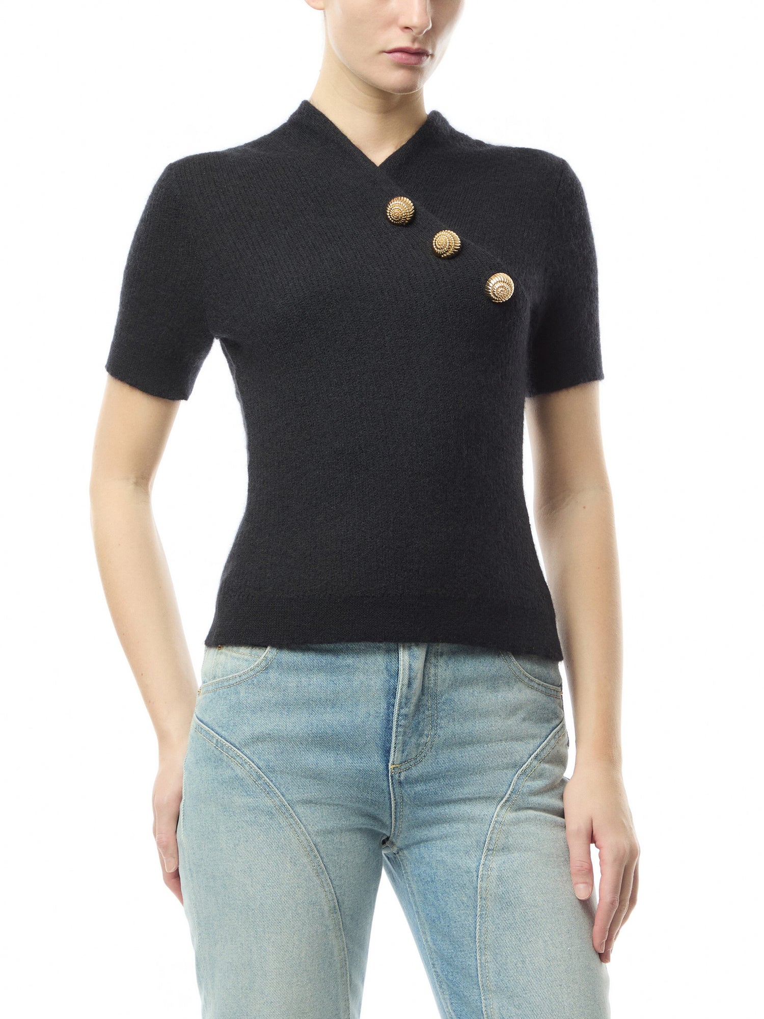 Short Sleeve Buttoned Cross Collar Top