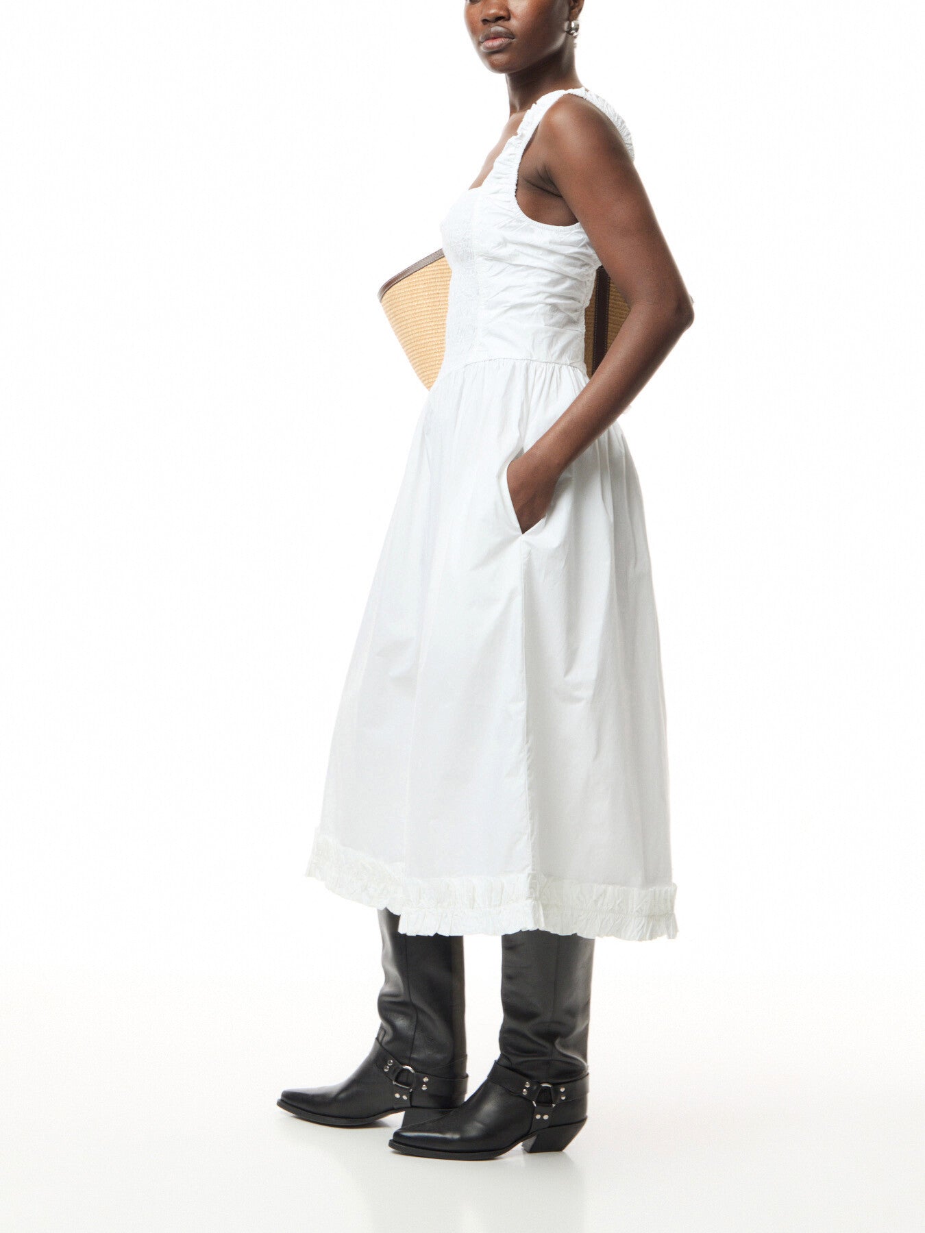 Cotton Poplin Midi Strap Smock Dress
