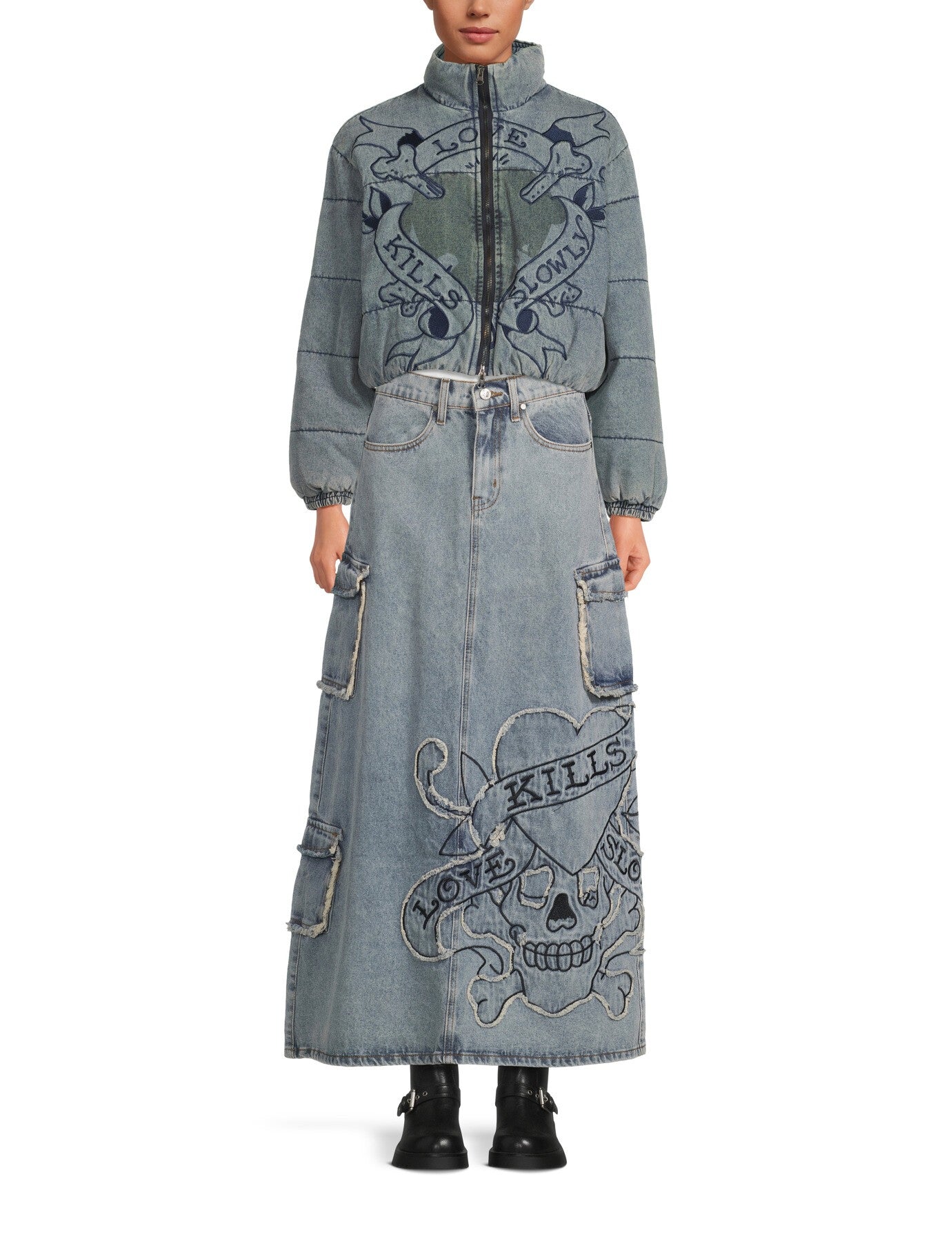 Raw Edge Denim Maxi Skirt