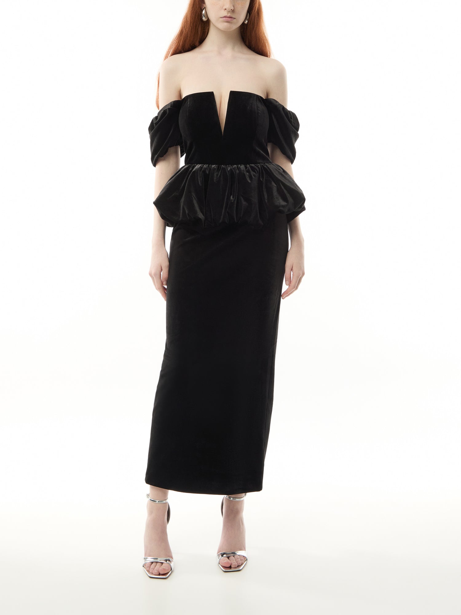Black Velvet Peplum Midi Dress