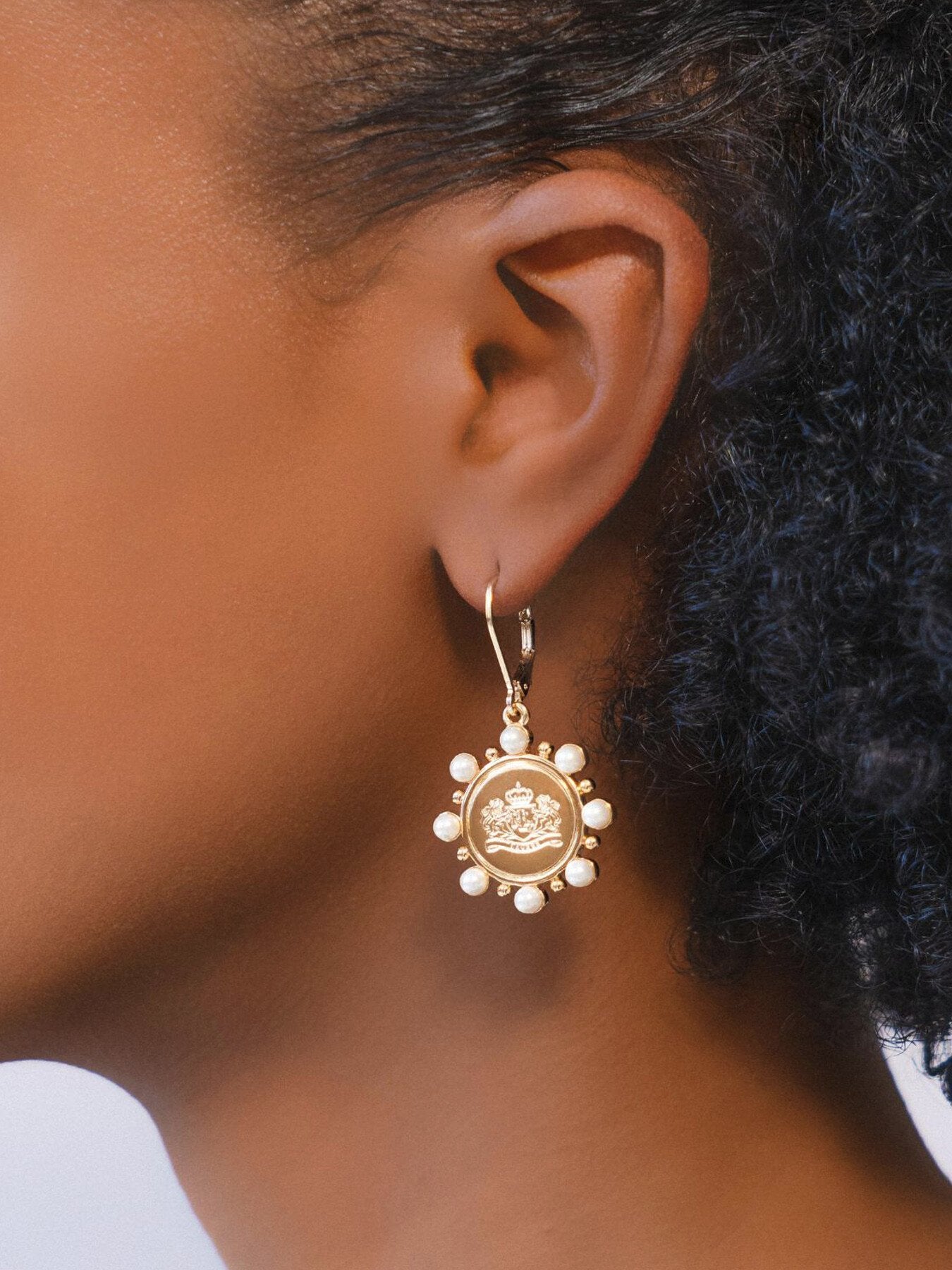 Pearl Coin Crest Drop Earrings