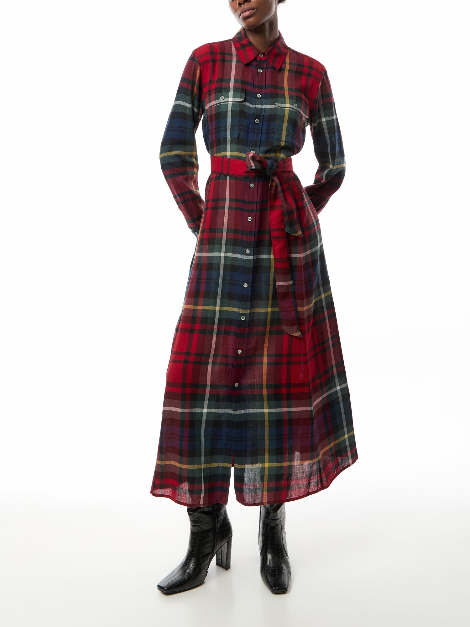 Belted Plaid Cotton-Blend Dress