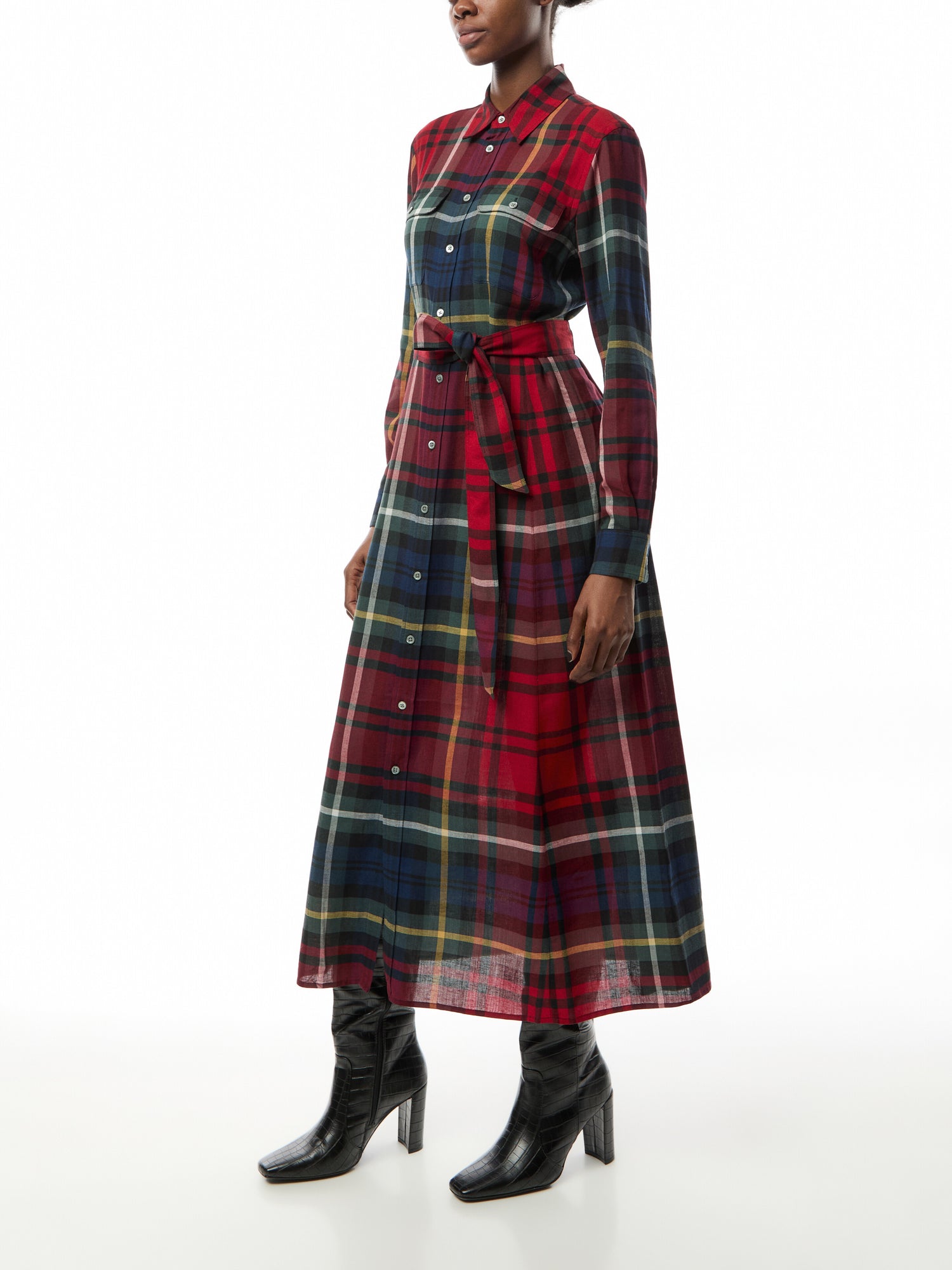 Belted Plaid Cotton-Blend Dress