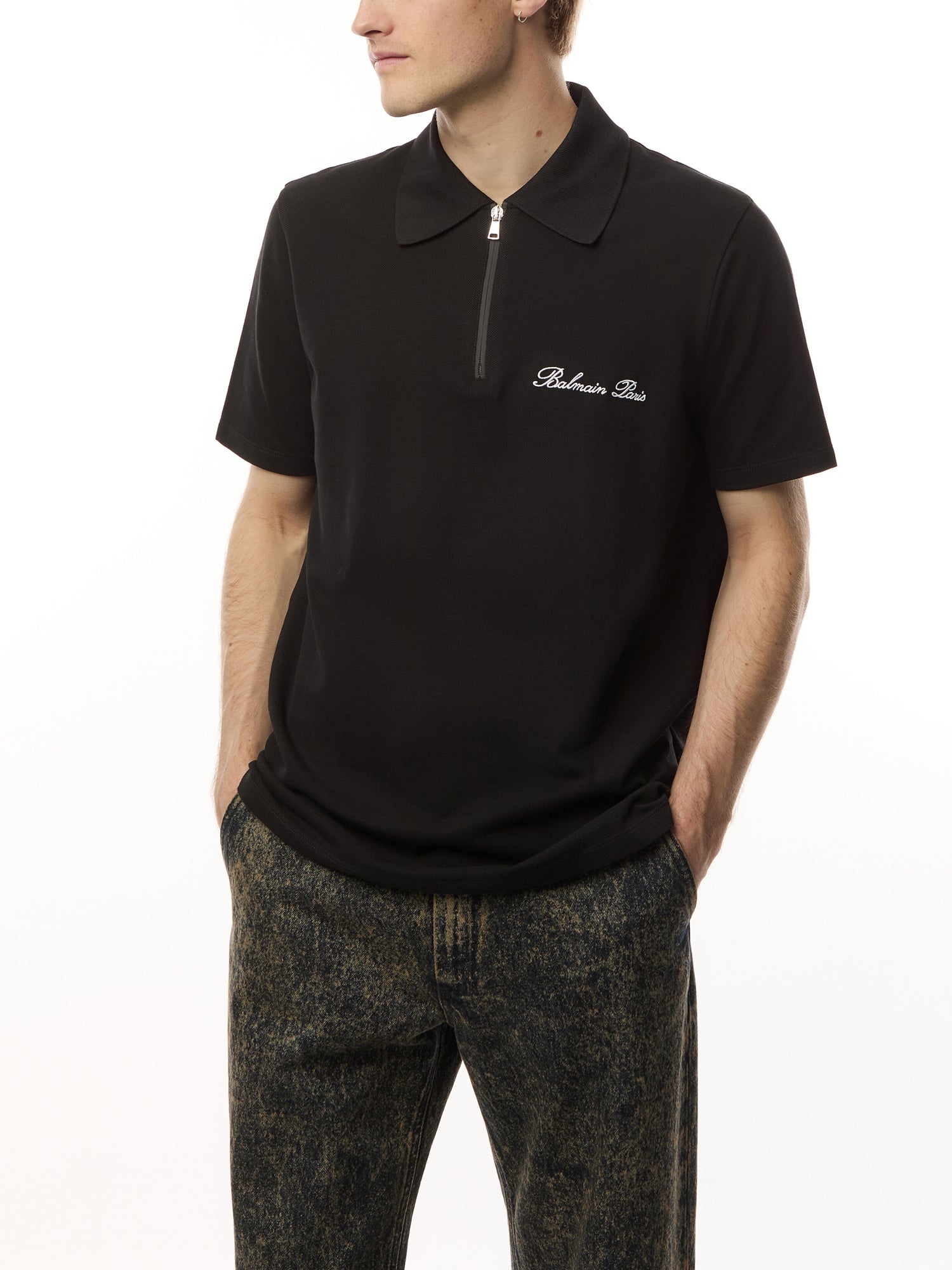 Embroidery Zip Short Sleeve Polo Shirt