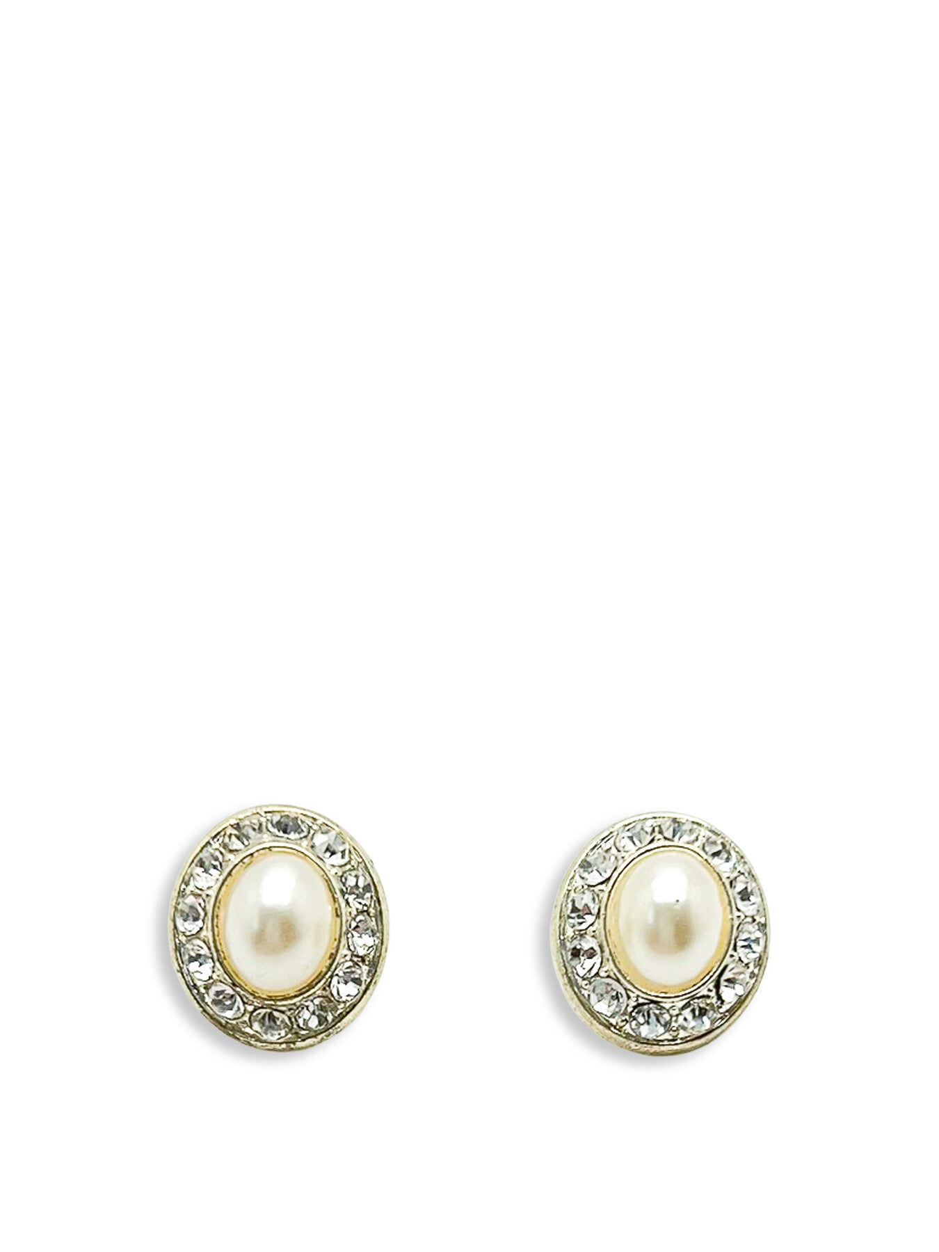 Vintage Mini Oval Pearl Silver Crystal Studs