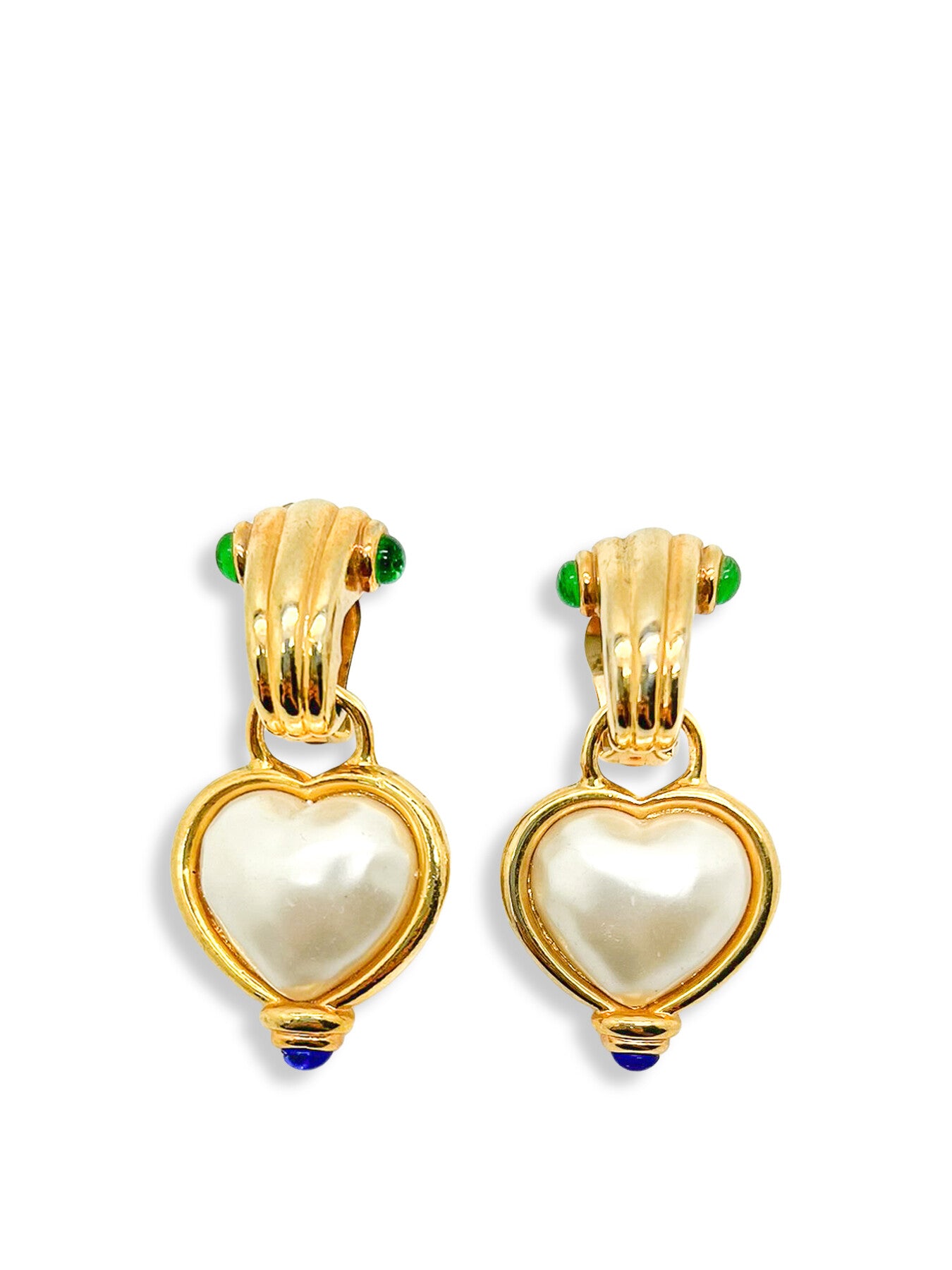 Vintage Gold Pearl Heart with Cabochons Earrings