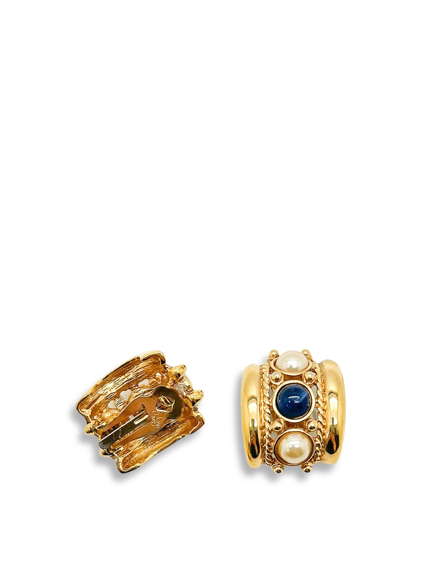Vintage JOAN RIVERS Cabochon Sapphire and Pearl Gold Huggies