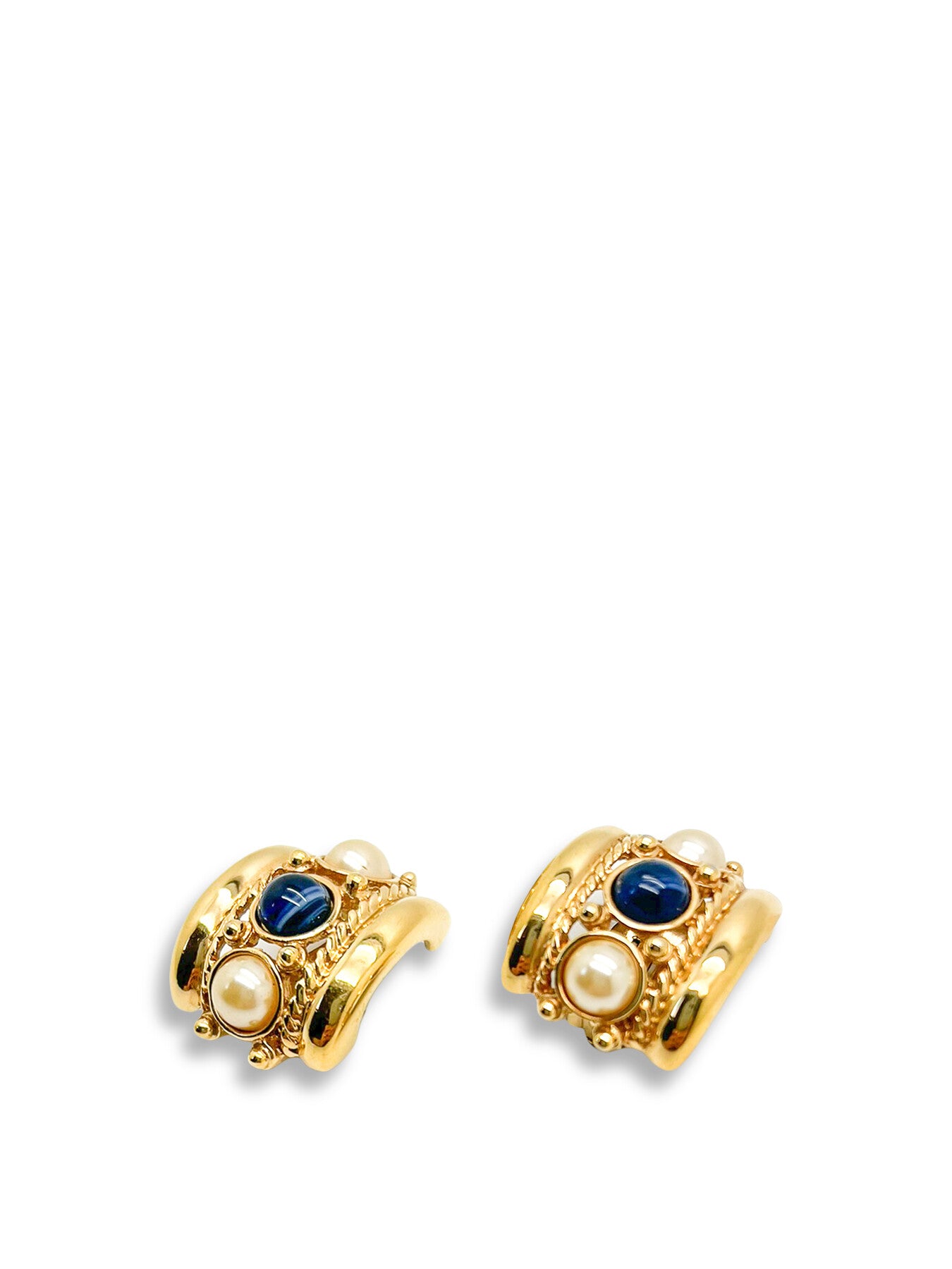 Vintage JOAN RIVERS Cabochon Sapphire and Pearl Gold Huggies