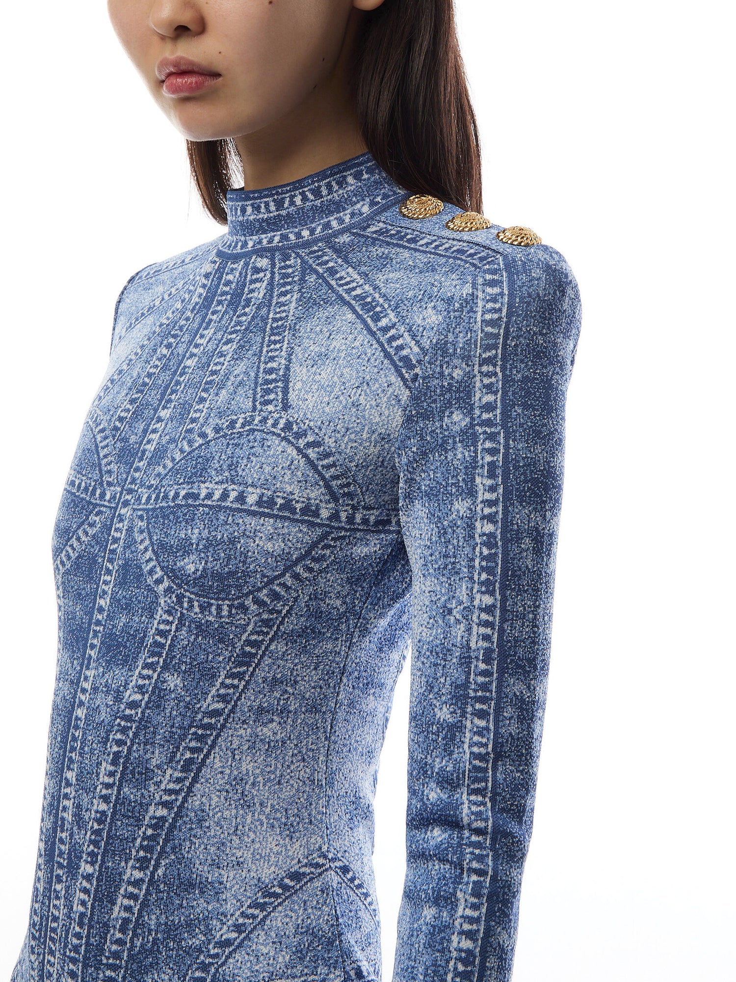 Short Jacquard Knit Dress with Denim Effect