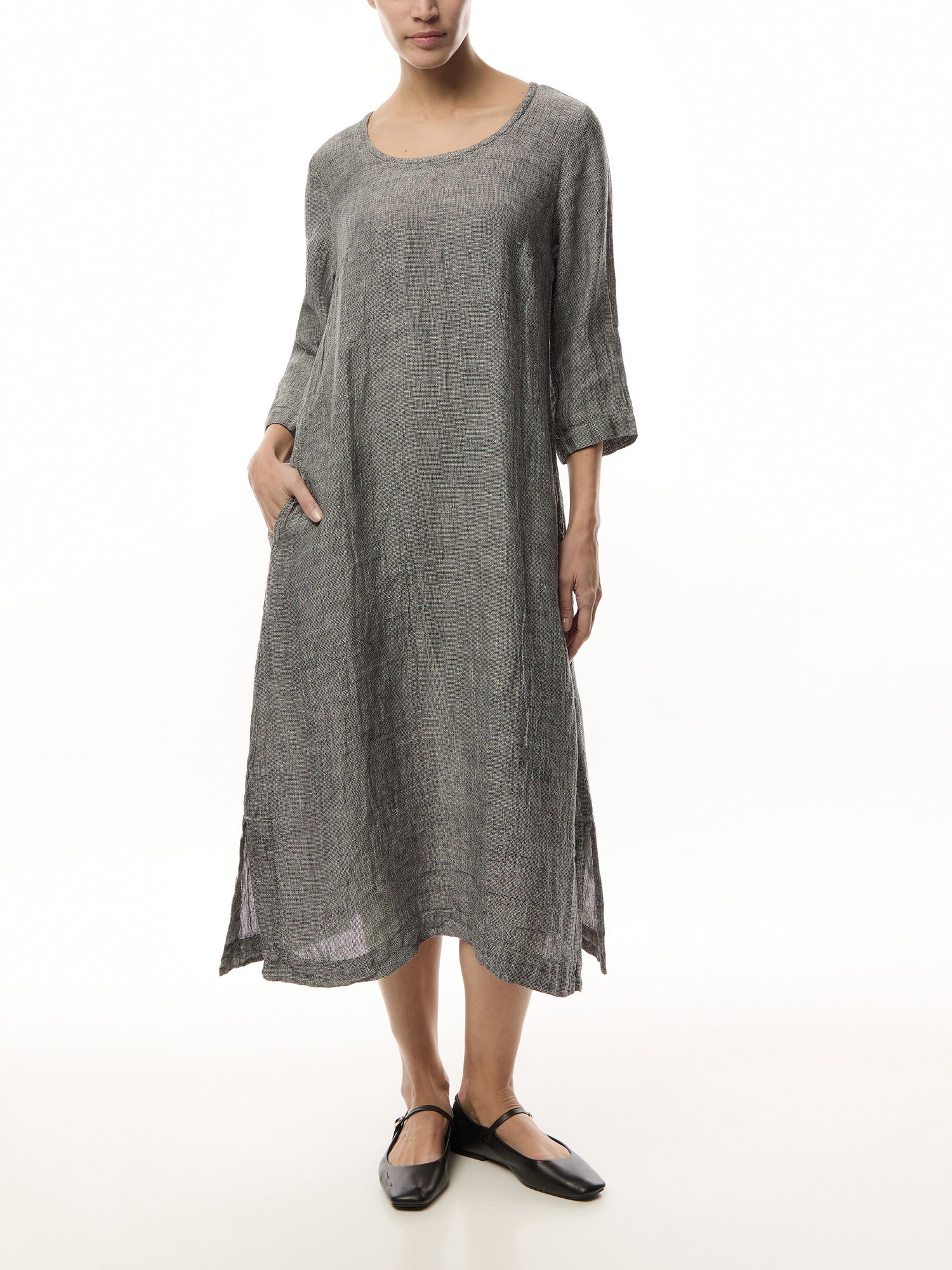 Long Sleeve Dropped Hem Tweed Linen Dress